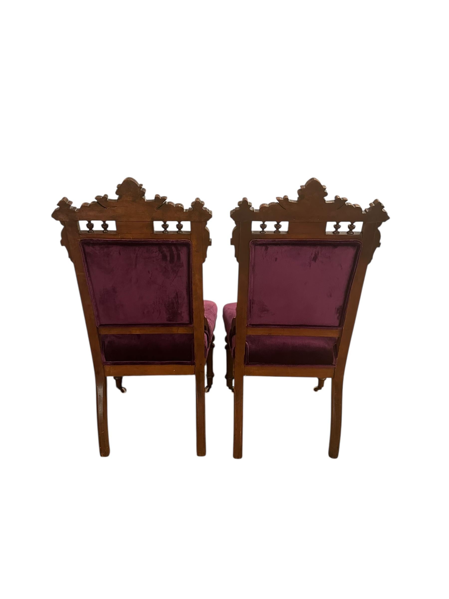 Antique Victorian Eastlake Style 3 Piece Carved Walnut Parlor Set Reupholstered For Sale 2