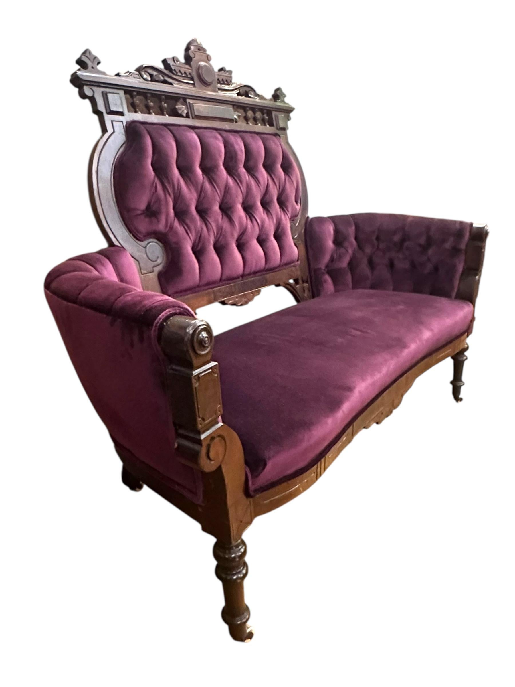 Antique Victorian Eastlake Style 3 Piece Carved Walnut Parlor Set Reupholstered For Sale 3