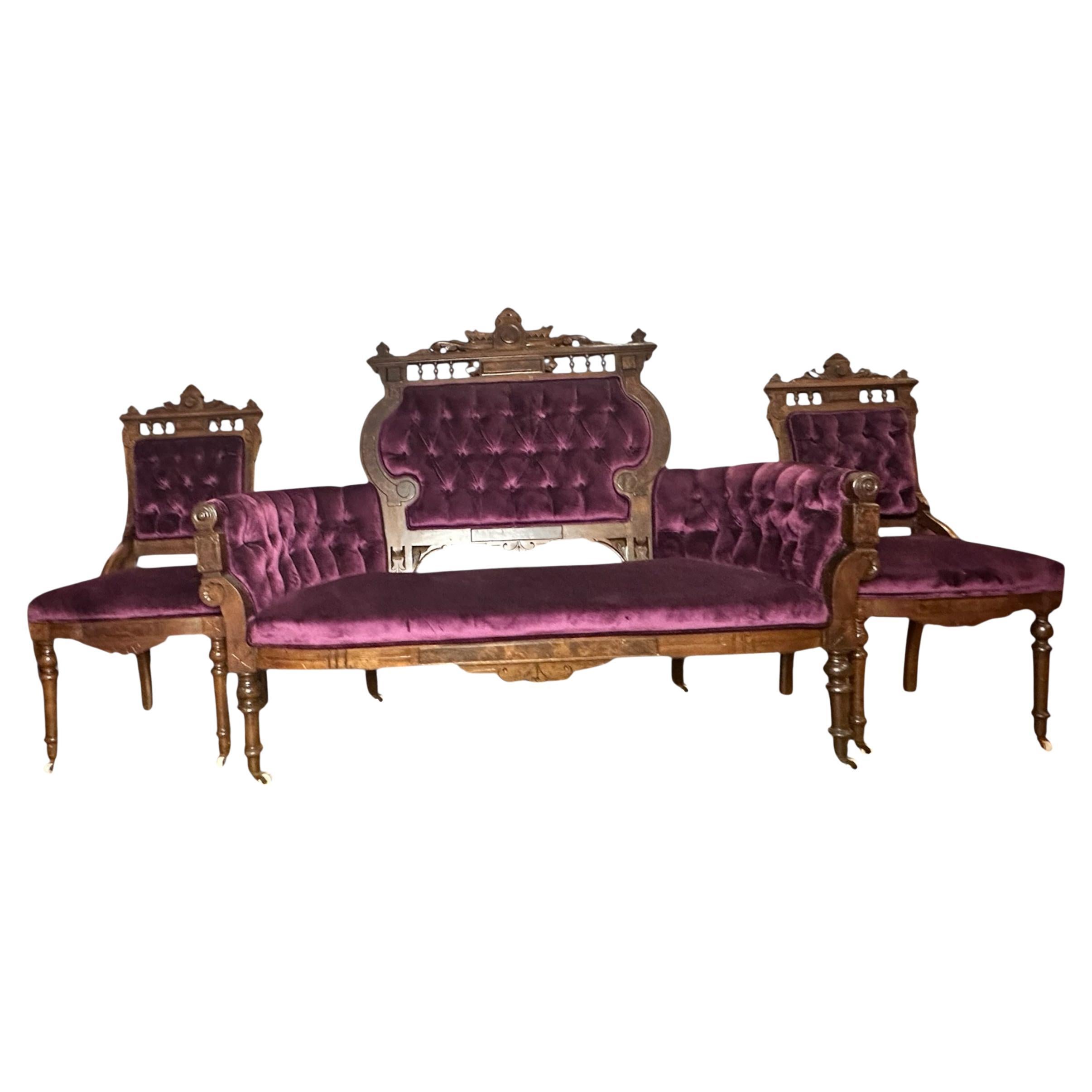 Antique Victorian Eastlake Style 3 Piece Carved Walnut Parlor Set Reupholstered For Sale