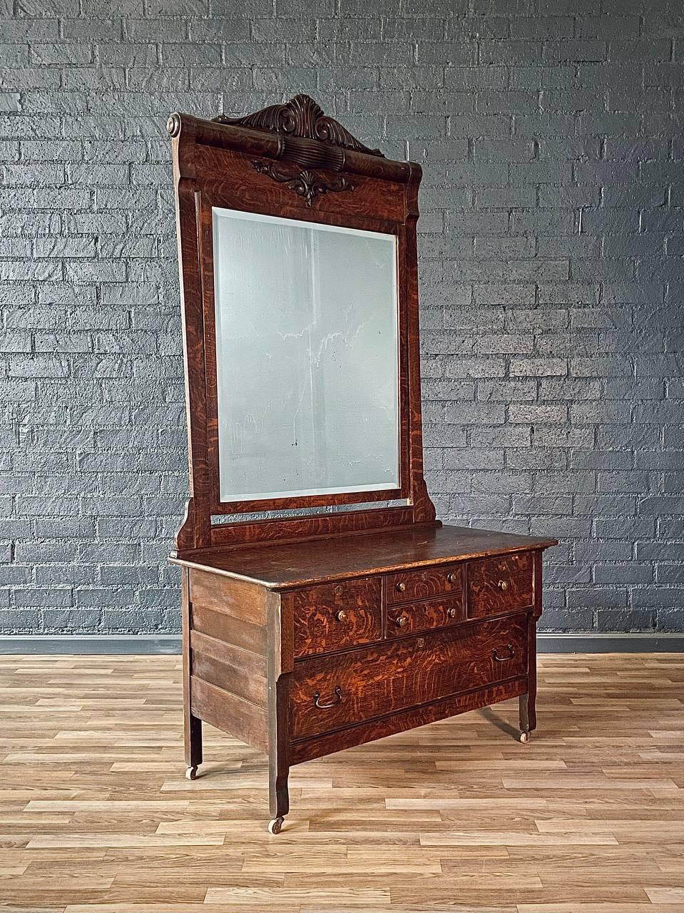 Condition: Original Vintage Condition  
Designer: Hickory Furniture Co. 
Manufacturer: Hickory Furniture Co.
Materials: Tiger Oak, Brass Patinated Pulls

Dimensions: 
79”H x 32”W x 18.50”D
Table Height 29.50