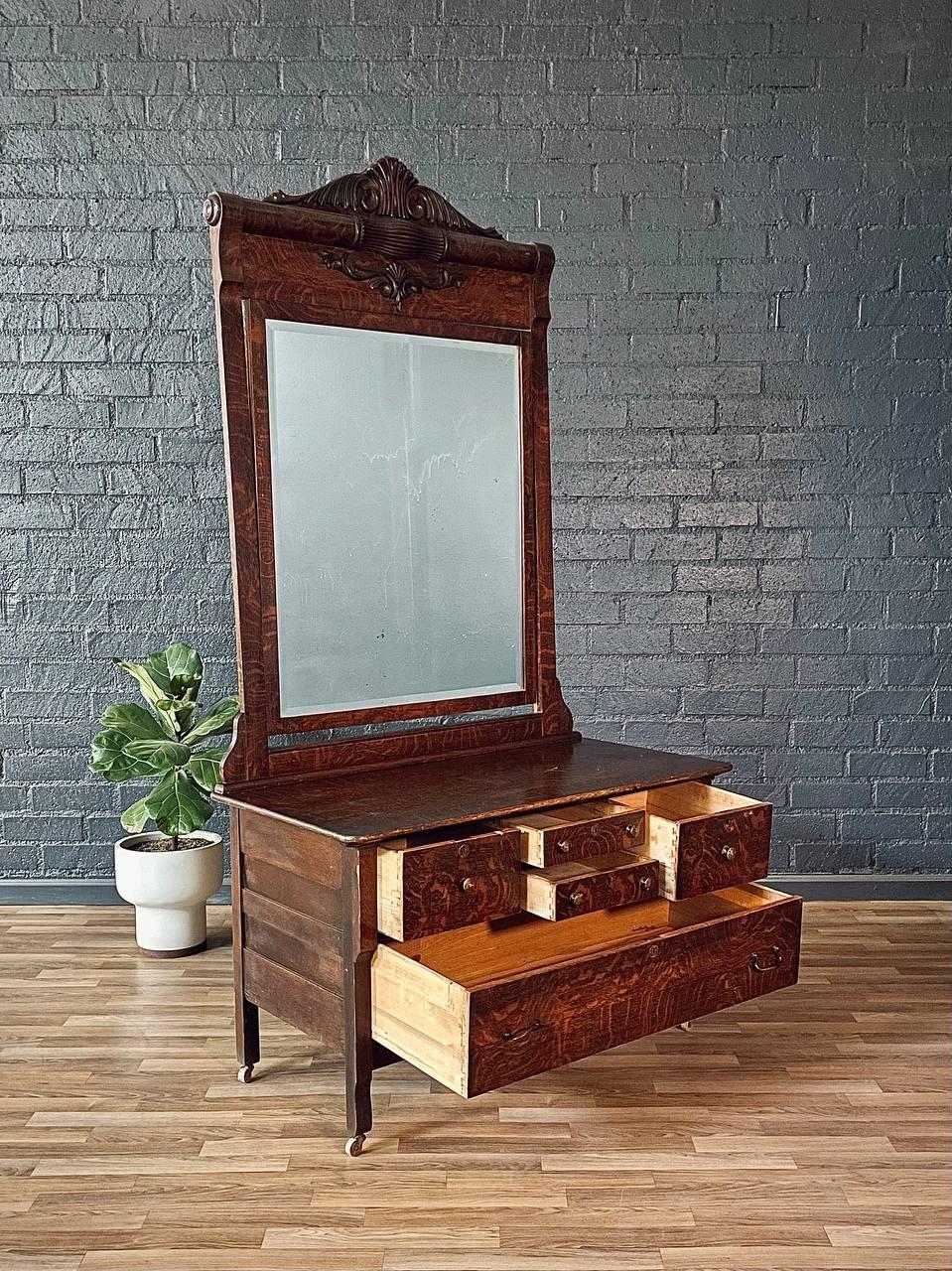 American Antique Victorian Eastlake Tiger Oak Dresser with Beveled Mirror For Sale