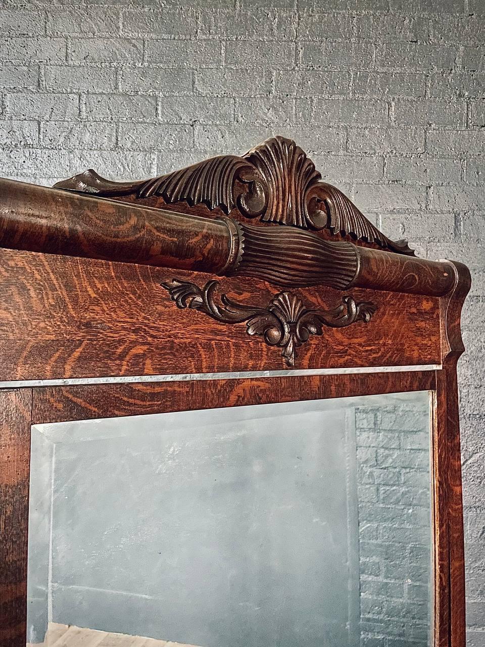 Brass Antique Victorian Eastlake Tiger Oak Dresser with Beveled Mirror For Sale