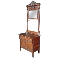 Antique Victorian Eastlake Tiger Oak Hall Stand with Mirror