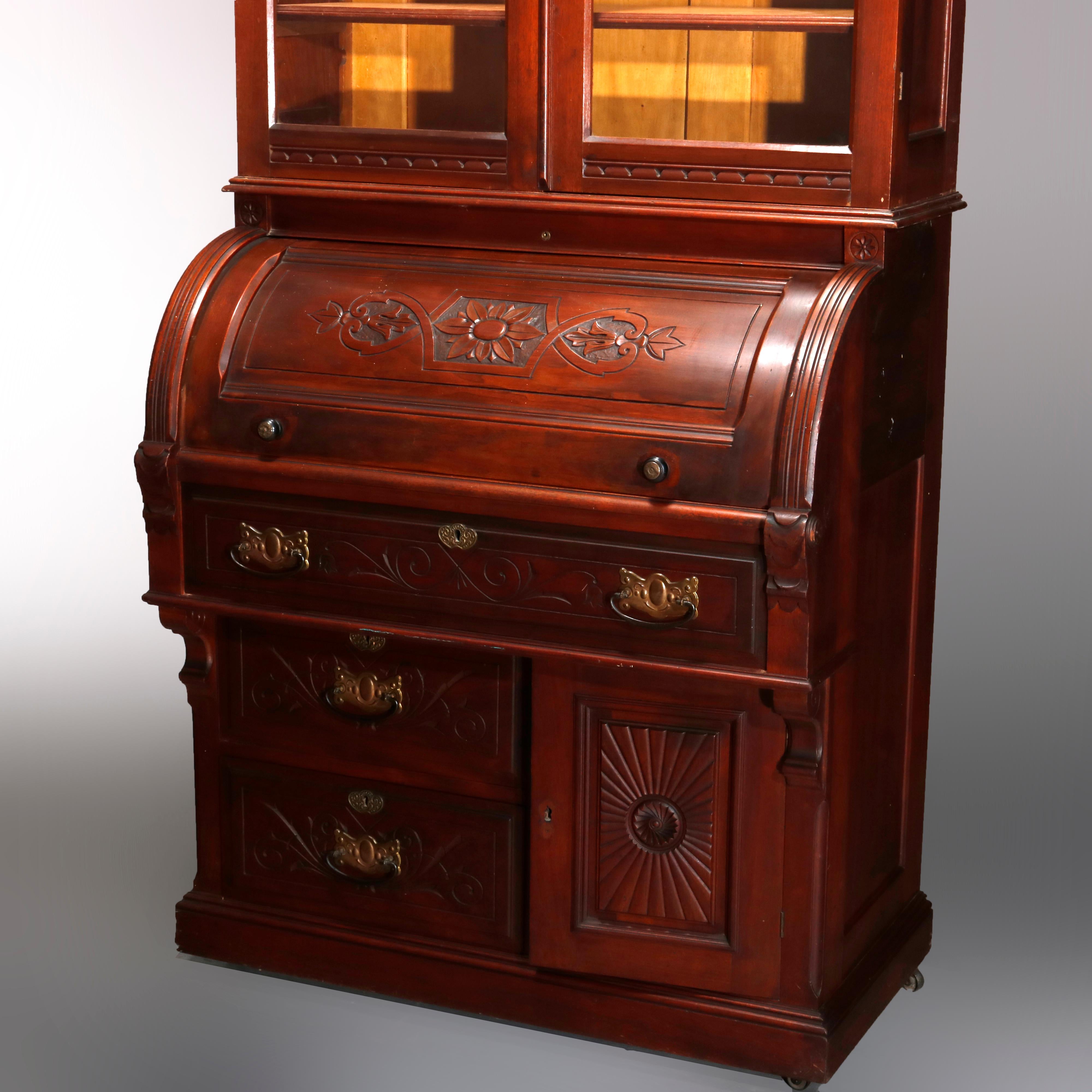 American Antique Victorian Eastlake Walnut Barrel Roll Secretary Desk, circa 1890