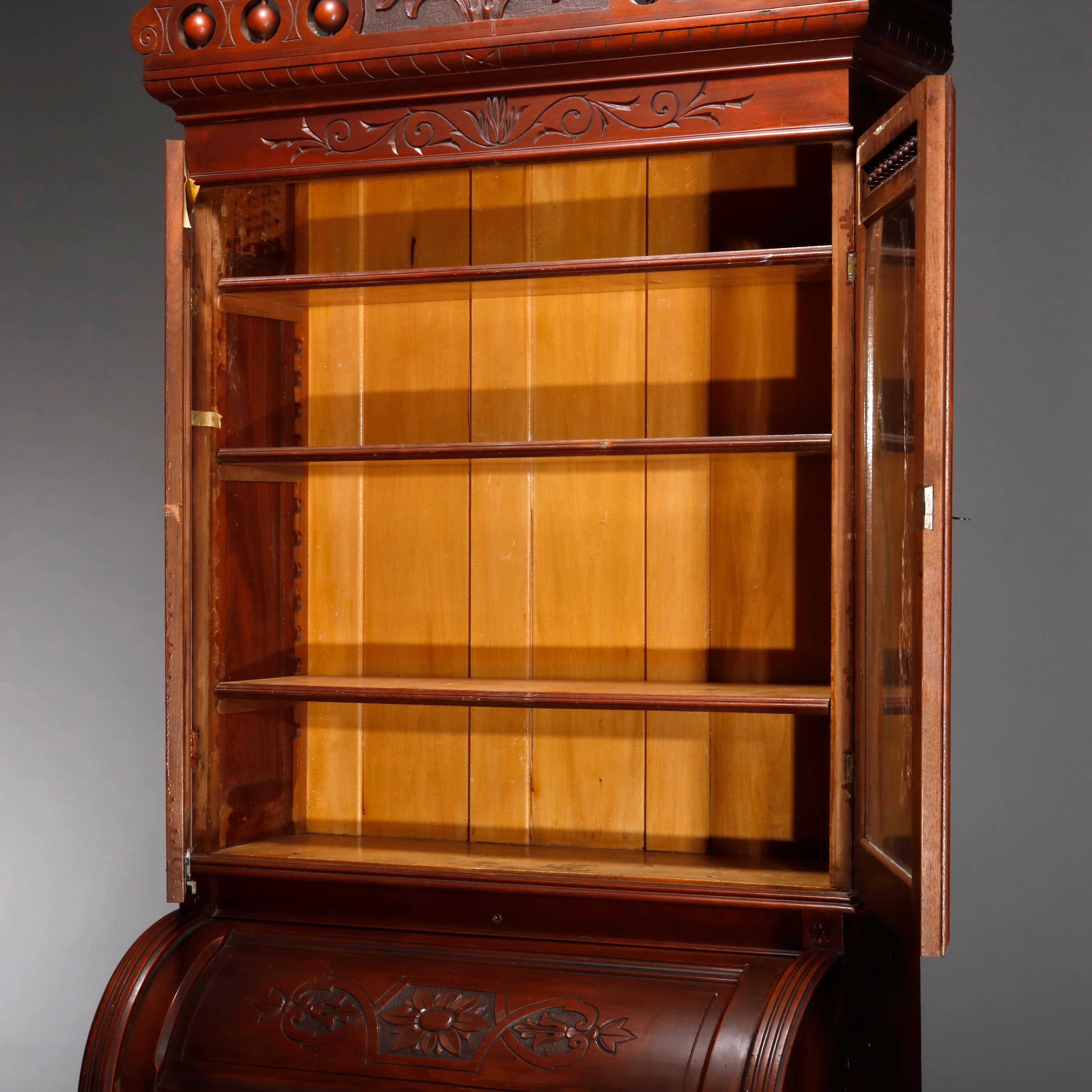 Antique Victorian Eastlake Walnut Barrel Roll Secretary Desk, circa 1890 In Good Condition In Big Flats, NY