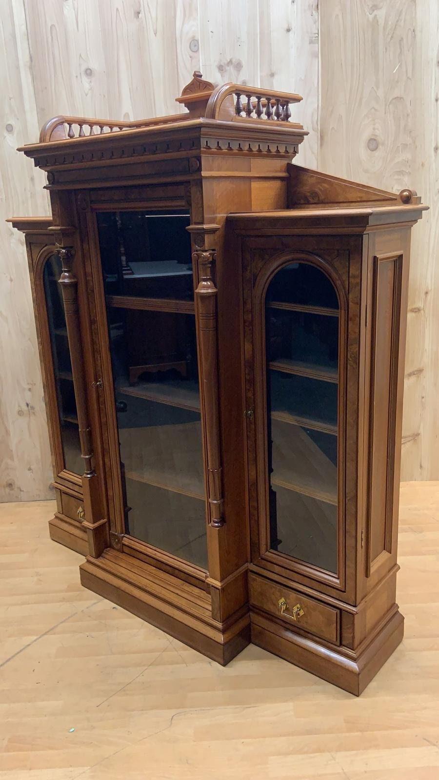 American Antique Victorian Eastlake Walnut Bookcase Display Case For Sale