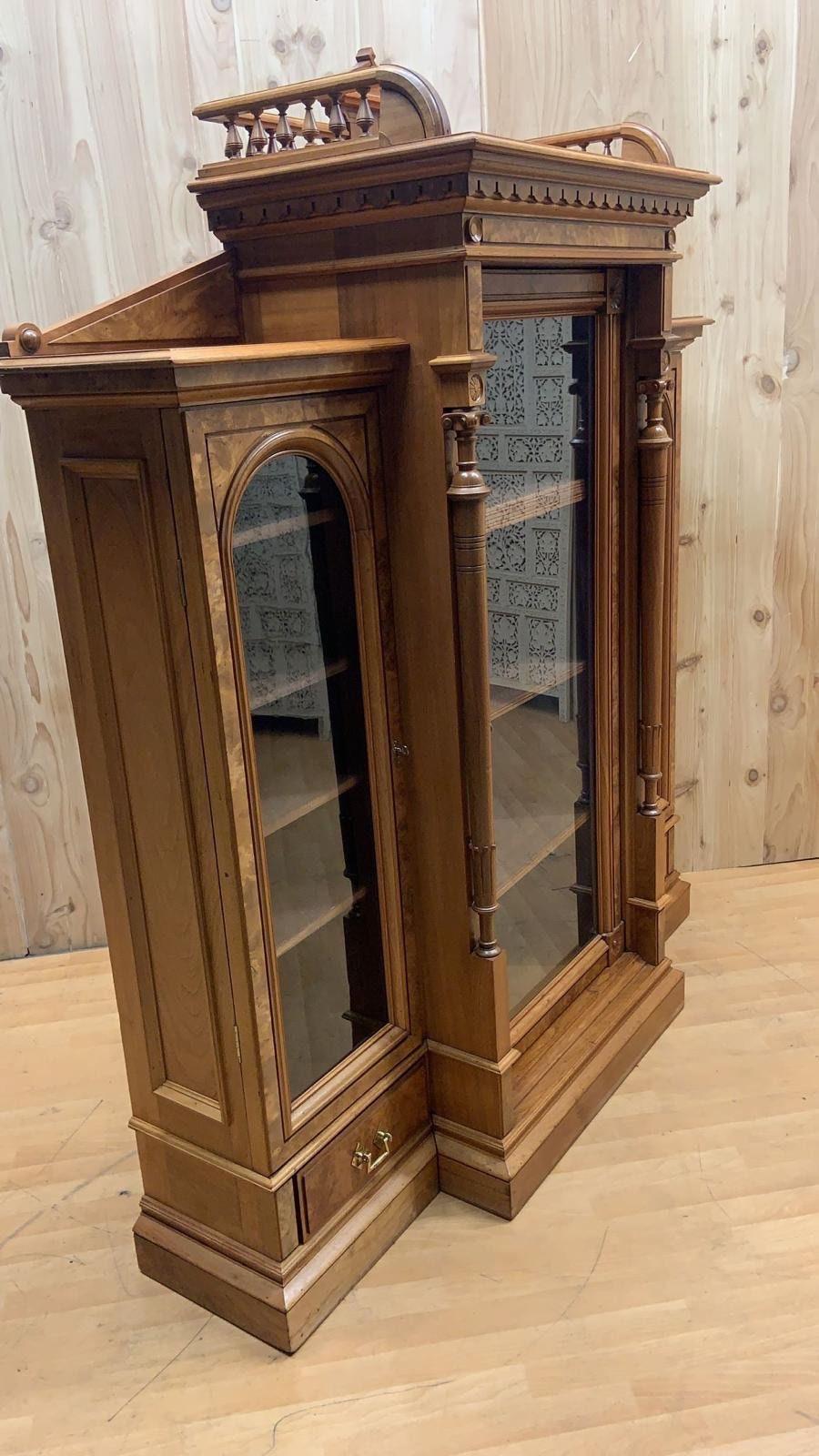 19th Century Antique Victorian Eastlake Walnut Bookcase Display Case For Sale