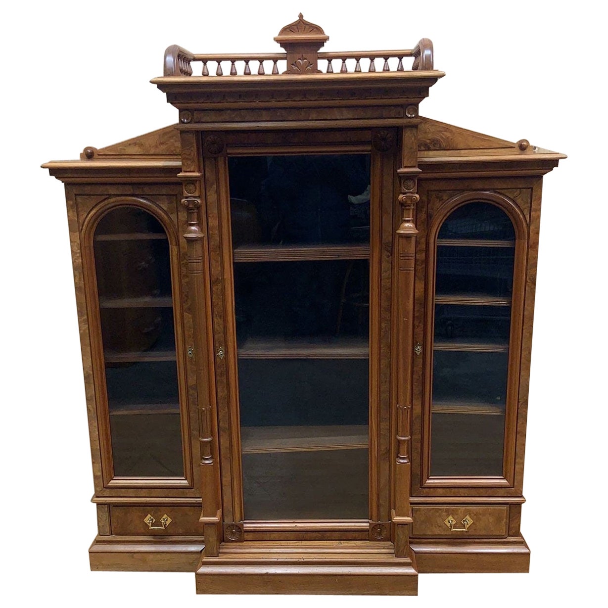 Antique Victorian Eastlake Walnut Bookcase Display Case