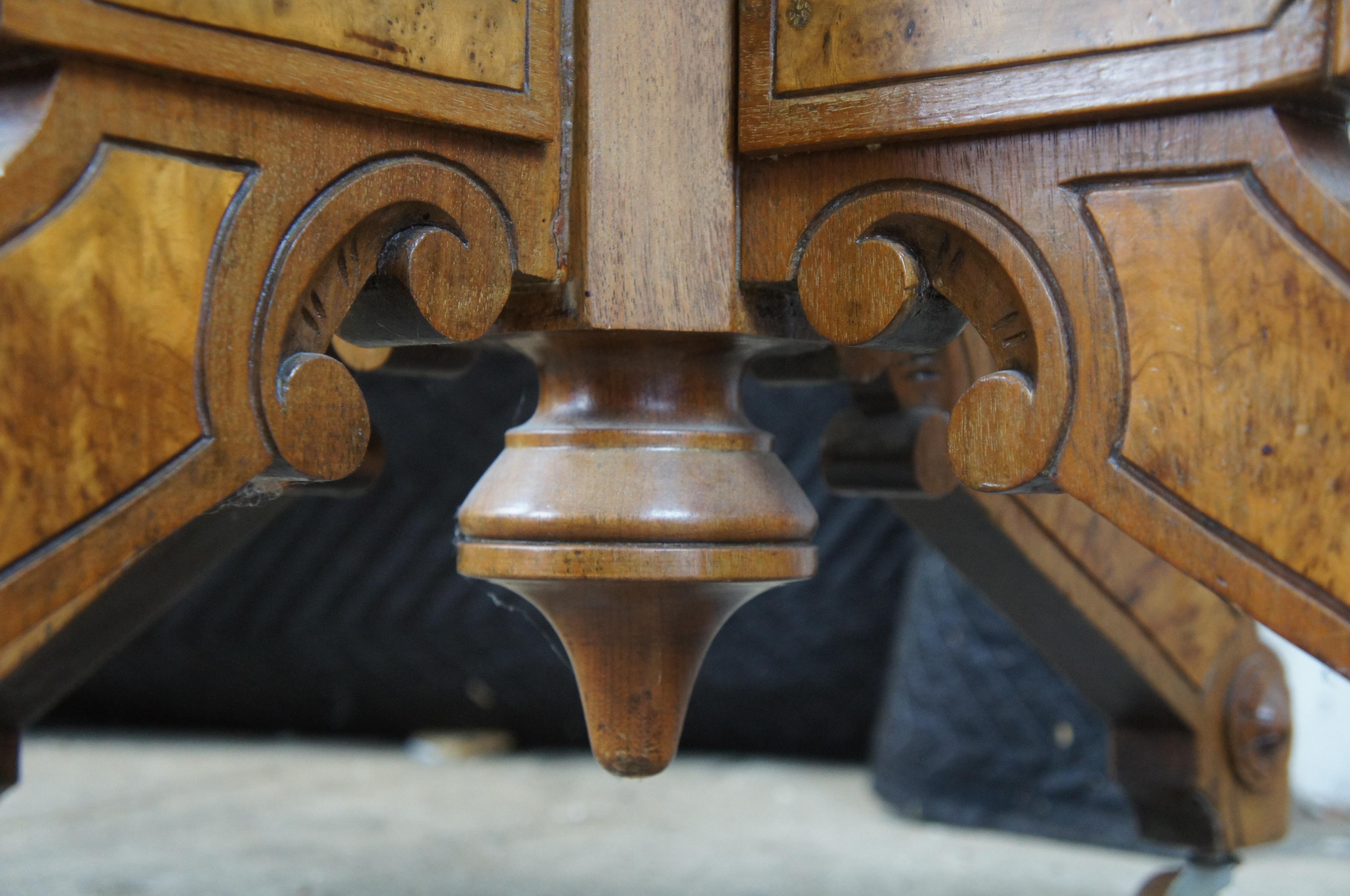 Antique Victorian Eastlake Walnut Burl Carved Marble Top Parlor Side Table 6