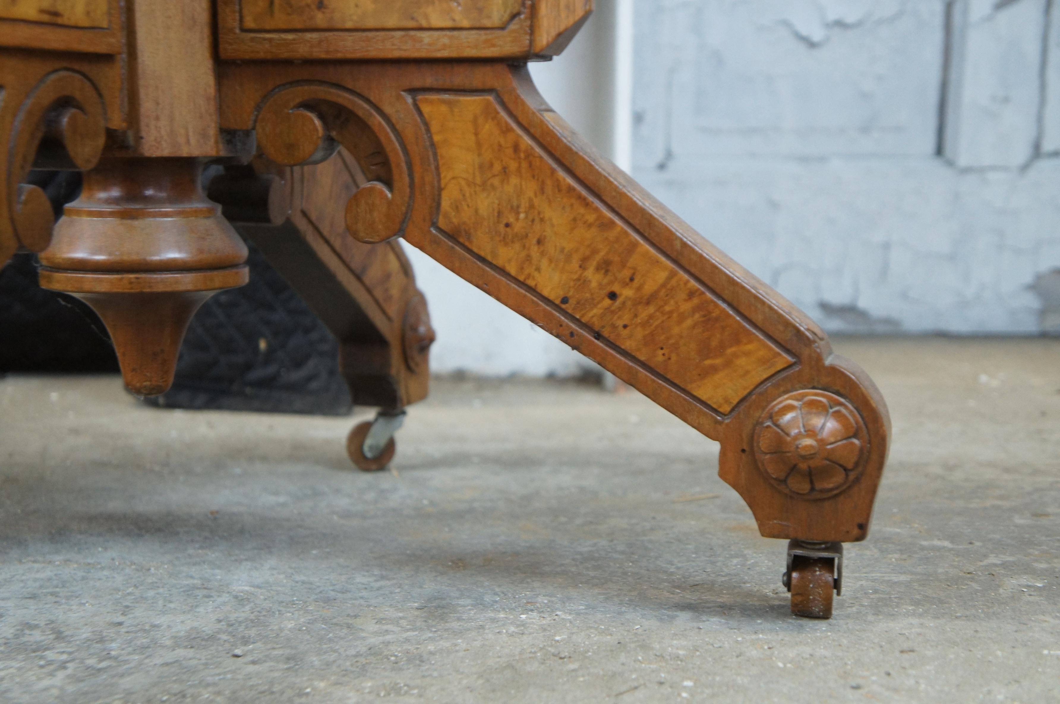 Antique Victorian Eastlake Walnut Burl Carved Marble Top Parlor Side Table 2