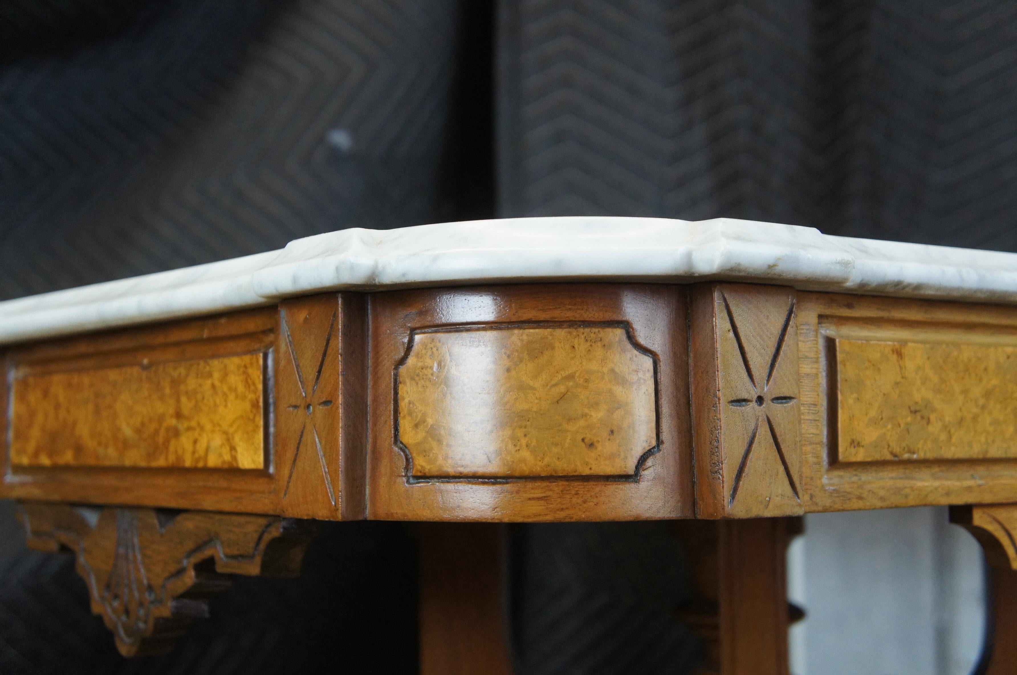 Antique Victorian Eastlake Walnut Burl Carved Marble Top Parlor Side Table 3