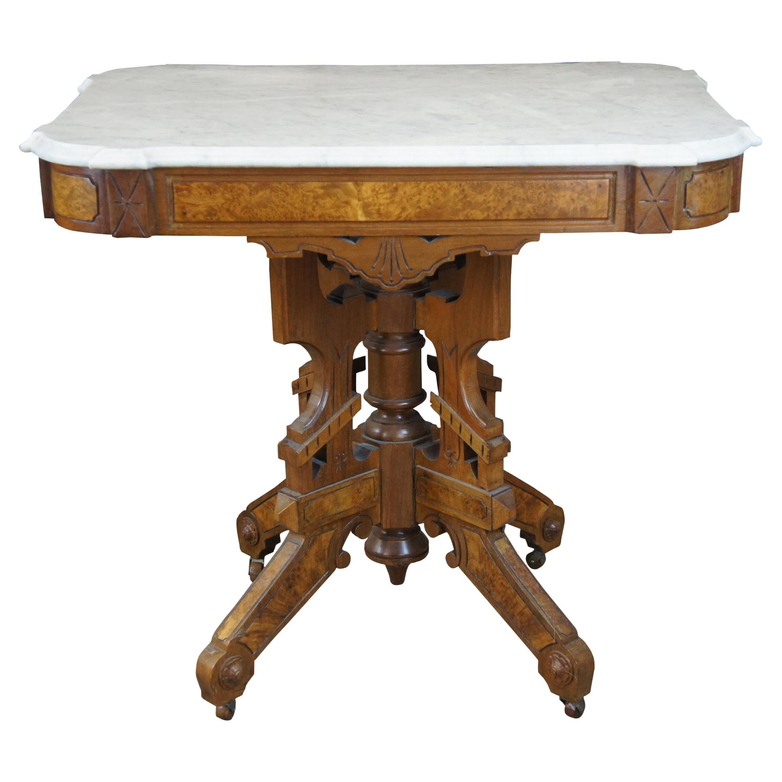 Antique Victorian Eastlake Walnut Burl Carved Marble Top Parlor Side Table