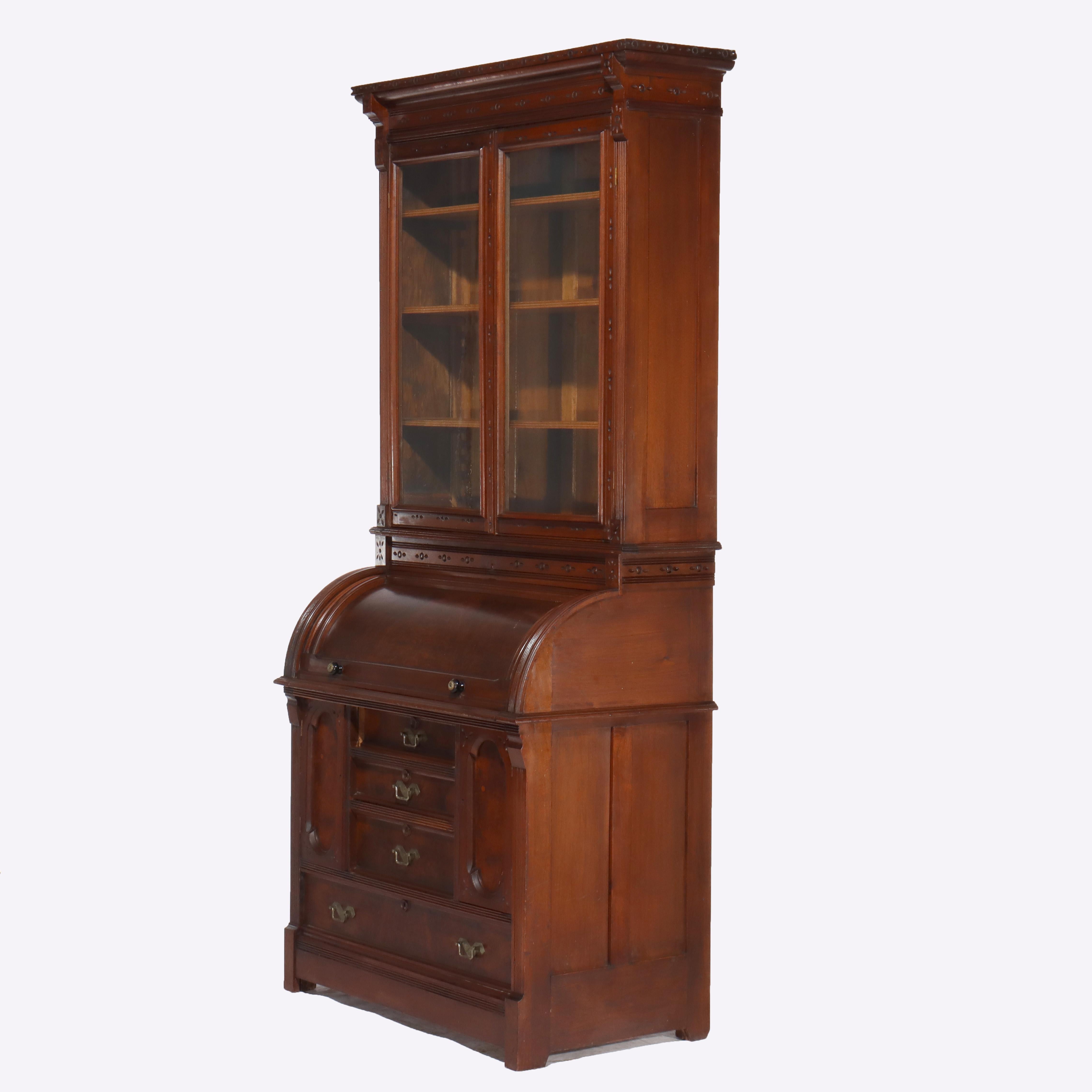 Antique Victorian Eastlake Walnut & Burl Cylinder Secretary Desk c1890 For Sale 8