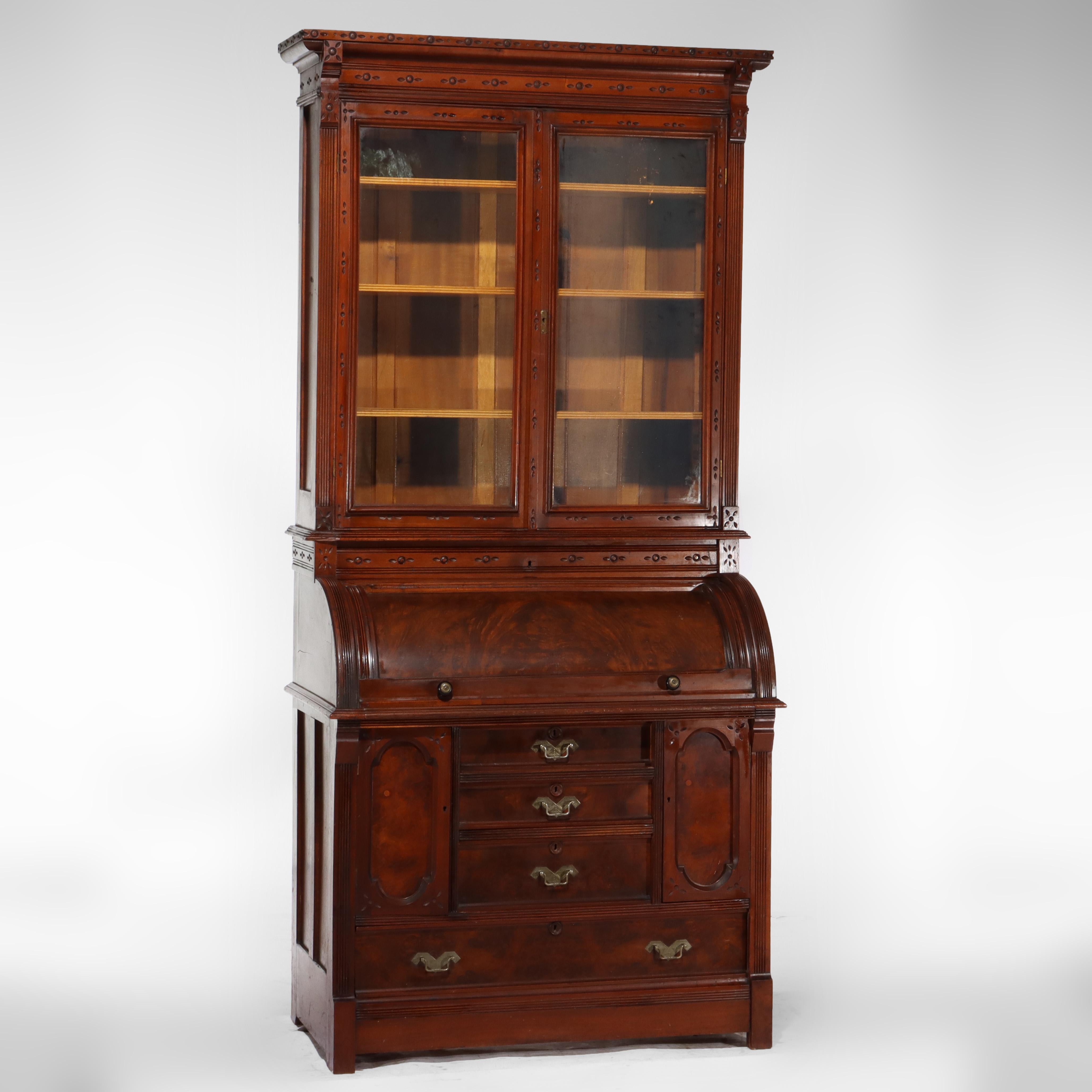 Antique Victorian Eastlake Walnut & Burl Cylinder Secretary Desk c1890 For Sale 14