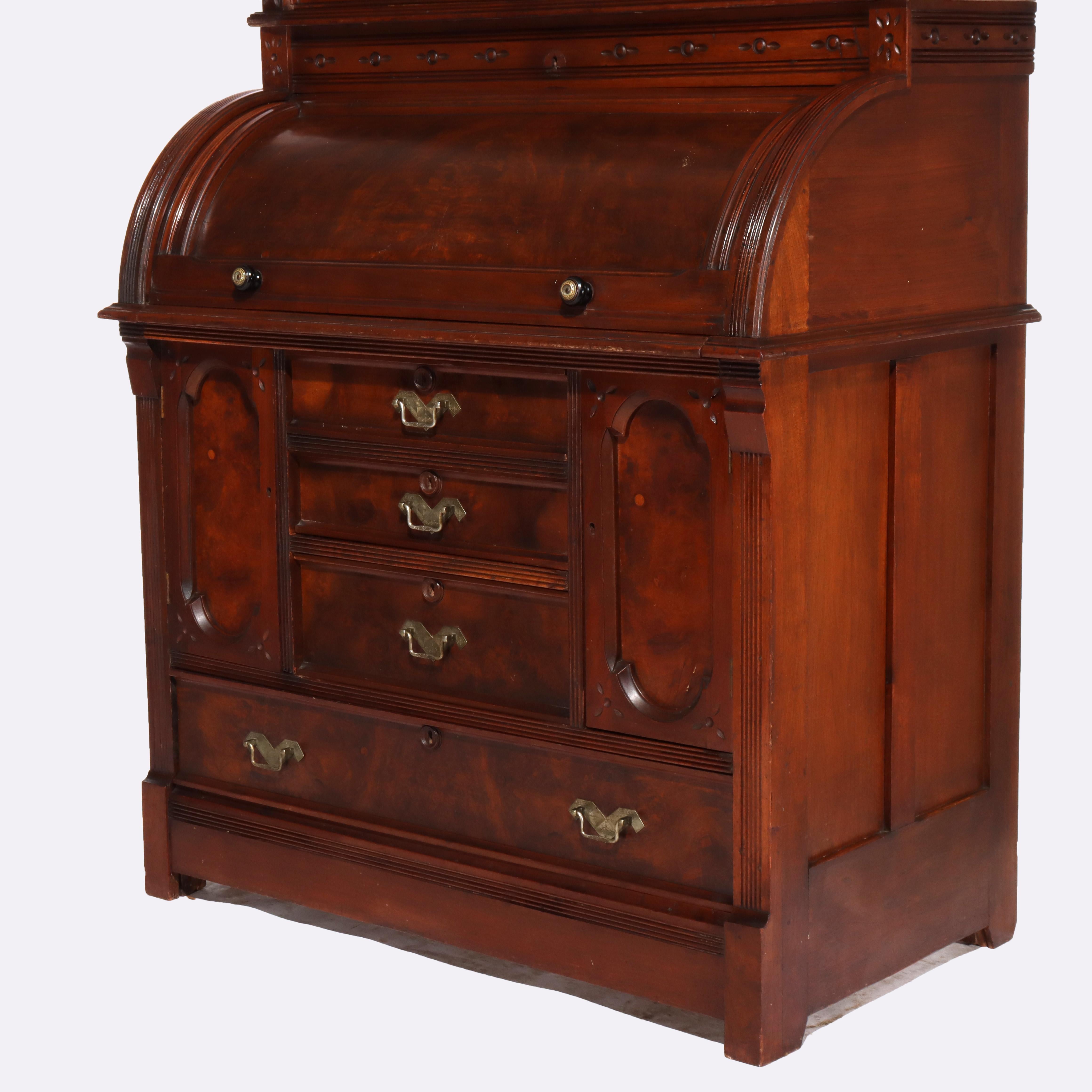 ***Reduced In-House Delivery Rates - Click on “Ask Seller” to Request a Quote***

Antique Victorian Eastlake Walnut & Burl Cylinder Secretary Desk c1890.   
84 1/4