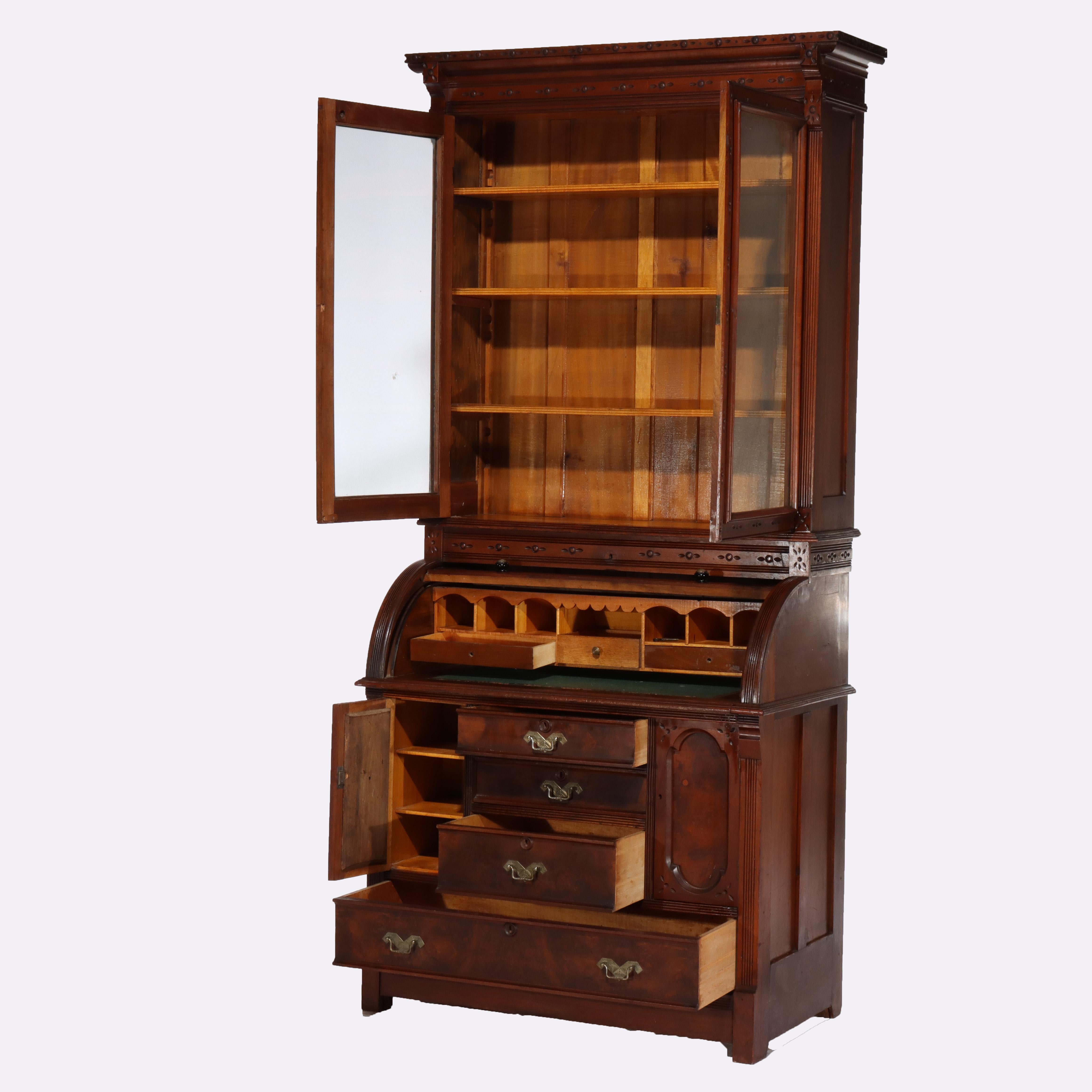 Antique Victorian Eastlake Walnut & Burl Cylinder Secretary Desk c1890 For Sale 3