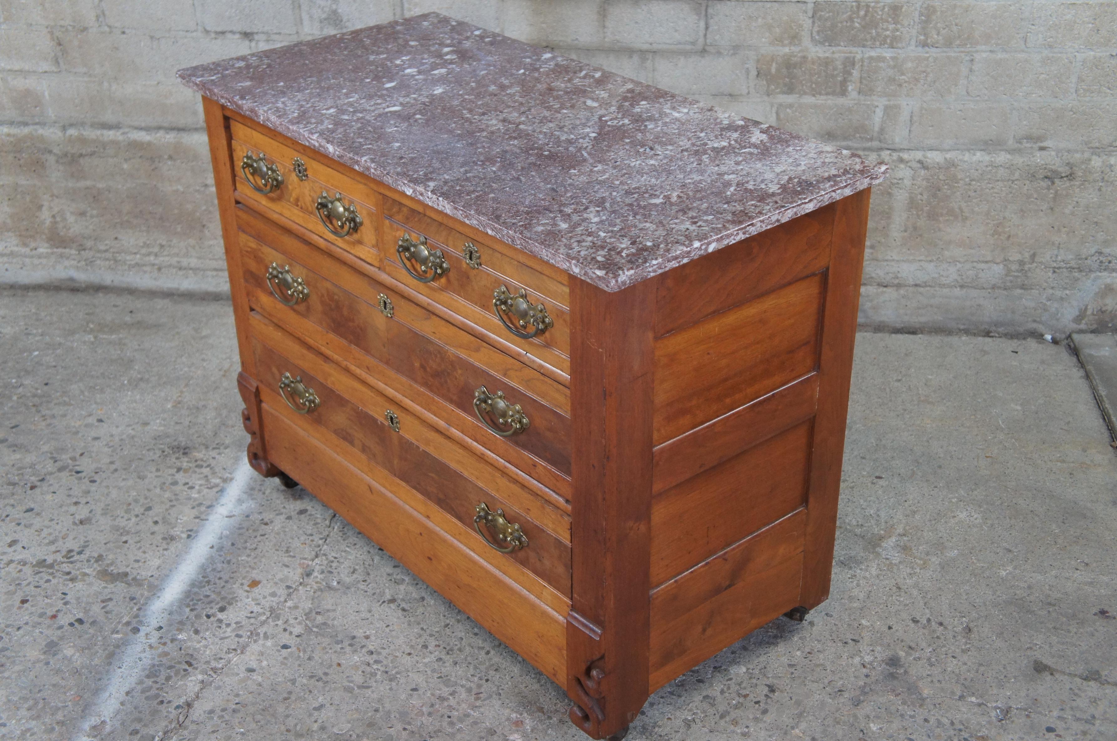 Antique Victorian Eastlake Walnut Burl Granite Wash Stand Dresser Chest Drawers 5