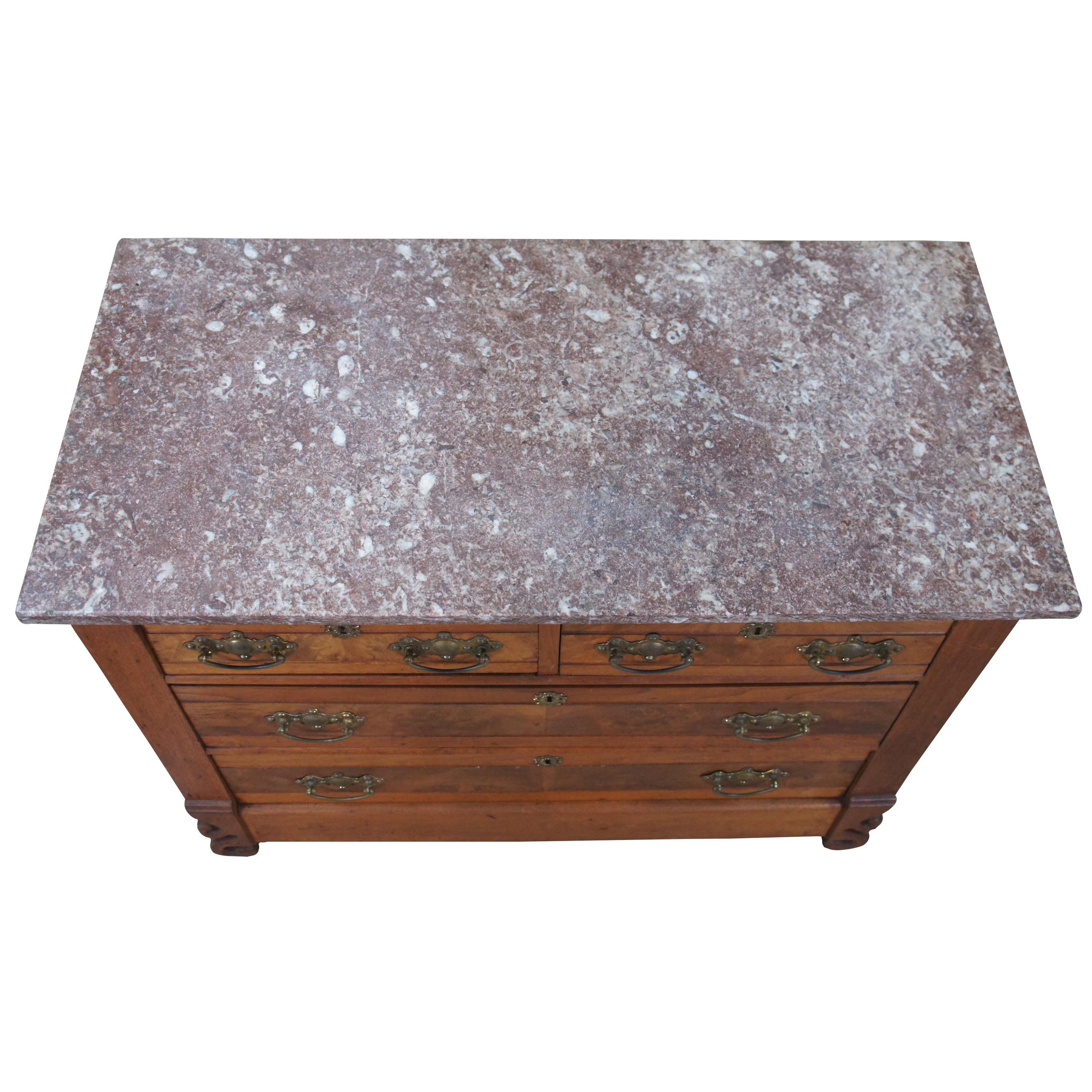 Antique Victorian Eastlake Walnut Burl Granite Wash Stand Dresser Chest Drawers