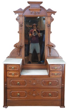 Antique Victorian Eastlake Walnut Burl Marble Gentlemans Dropwell Dresser Vanity