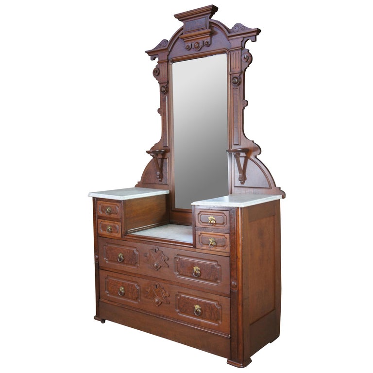 Antique Victorian Eastlake Walnut Burl, Eastlake Marble Top Dresser With Mirror