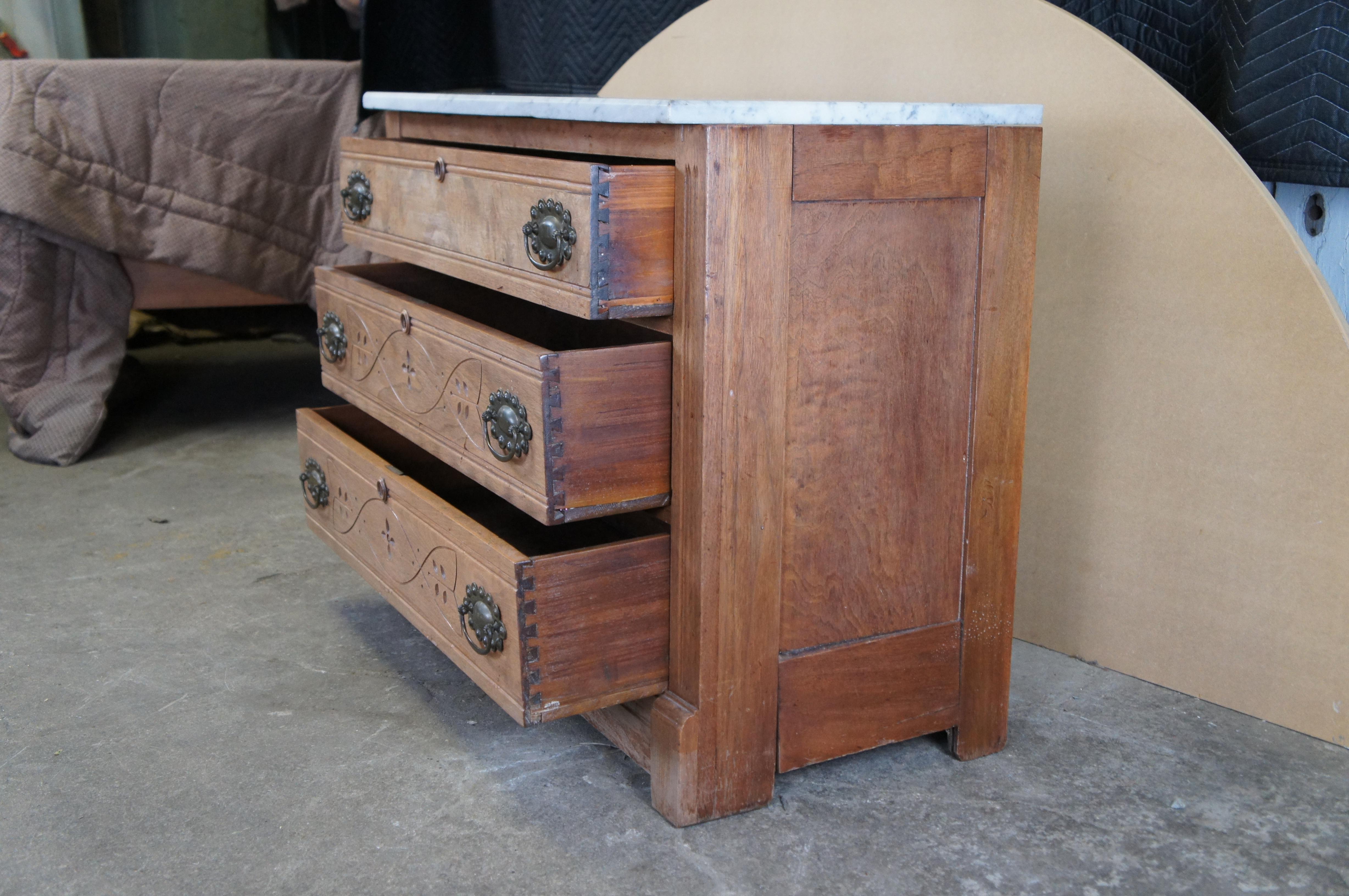 Antique Victorian Eastlake Walnut Burl Marble Top Dresser Chest of Drawers 38