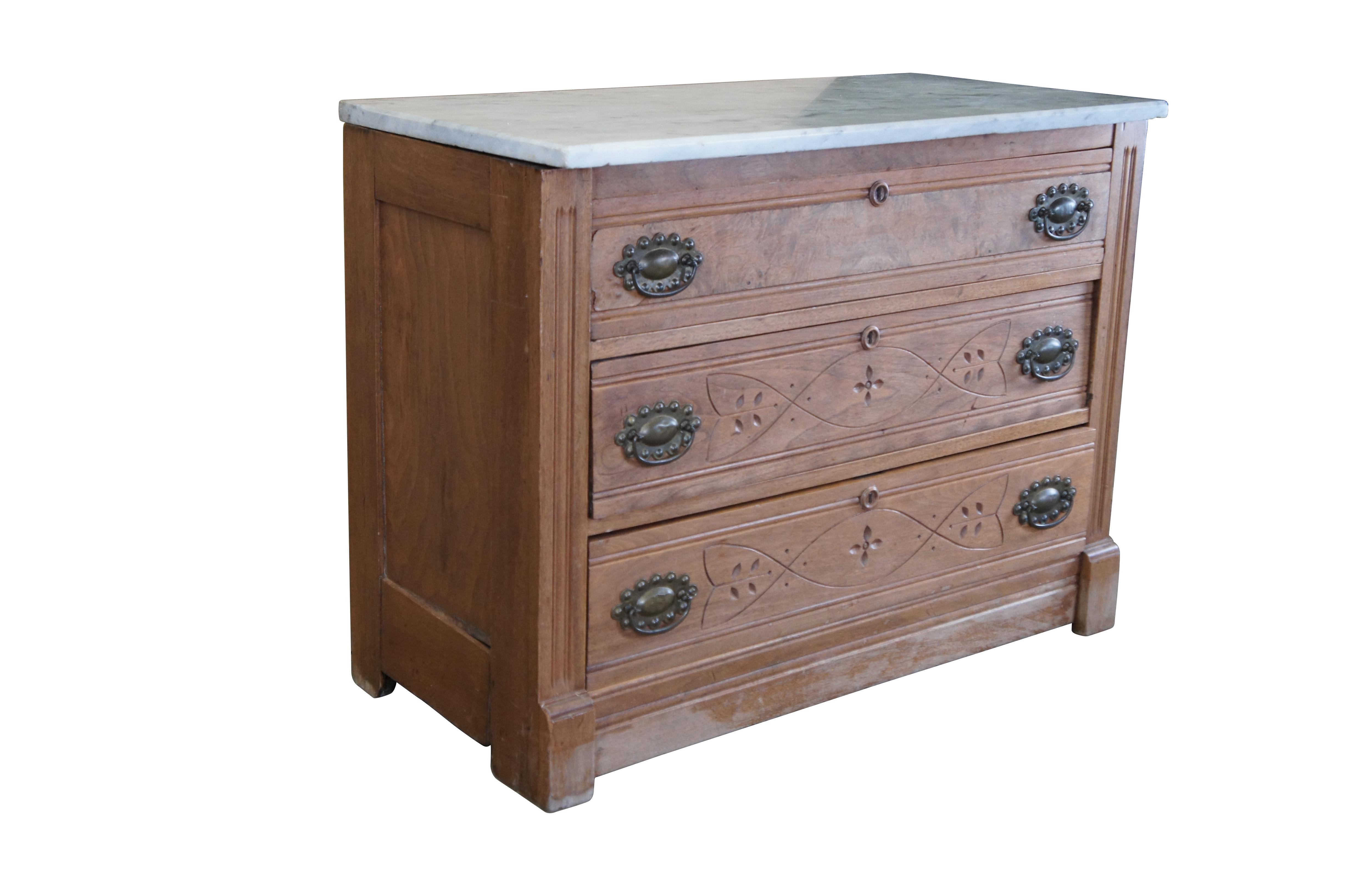 Antique Victorian Eastlake Walnut Burl Marble Top Dresser Chest of Drawers 38