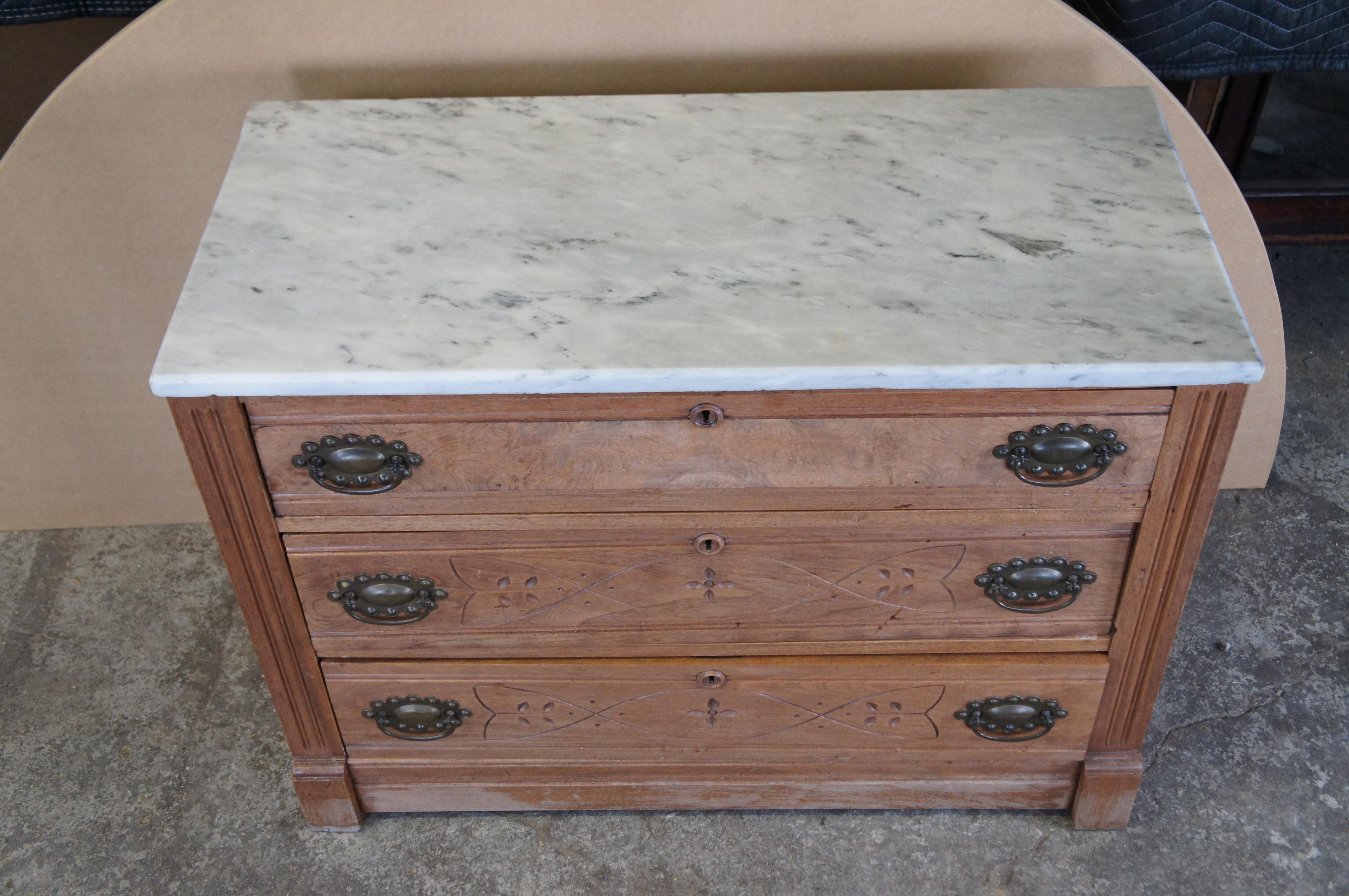 19th Century Antique Victorian Eastlake Walnut Burl Marble Top Dresser Chest of Drawers 38