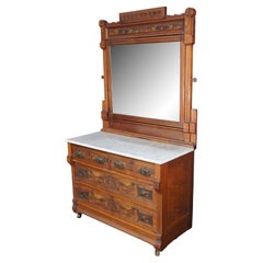 Antique Victorian Eastlake Walnut Burl Marble Top Dresser & Mirror Vanity Chest