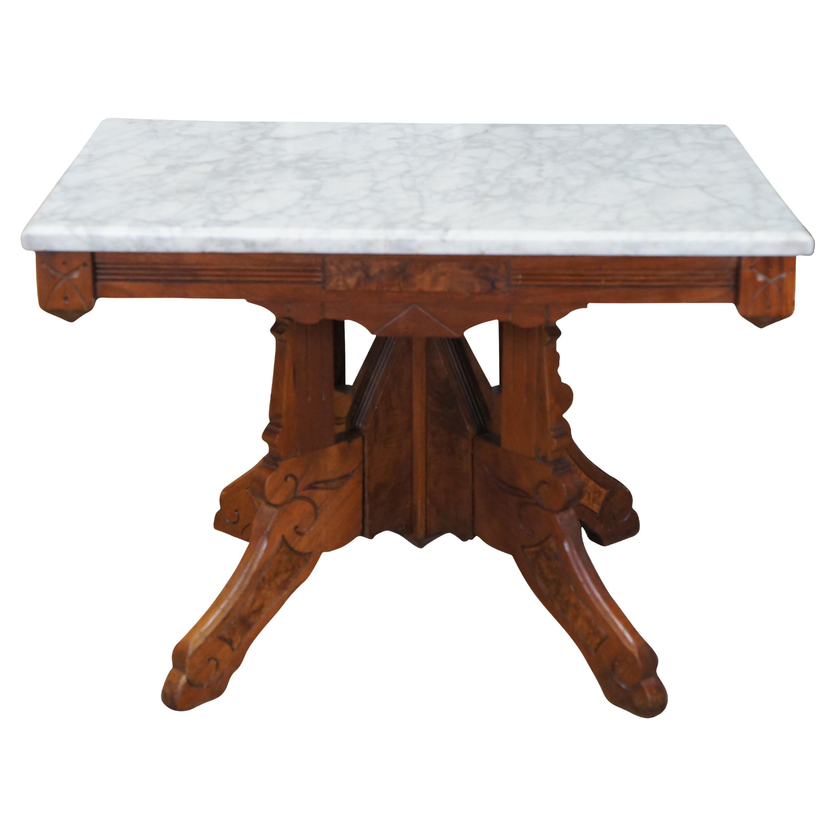 Antique Victorian Eastlake Walnut Burl Marble Top Parlor Coffee Side End Table