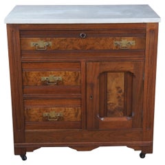 Antique Victorian Eastlake Walnut Burl Marble Washstand Chest Cabinet Towel Bar