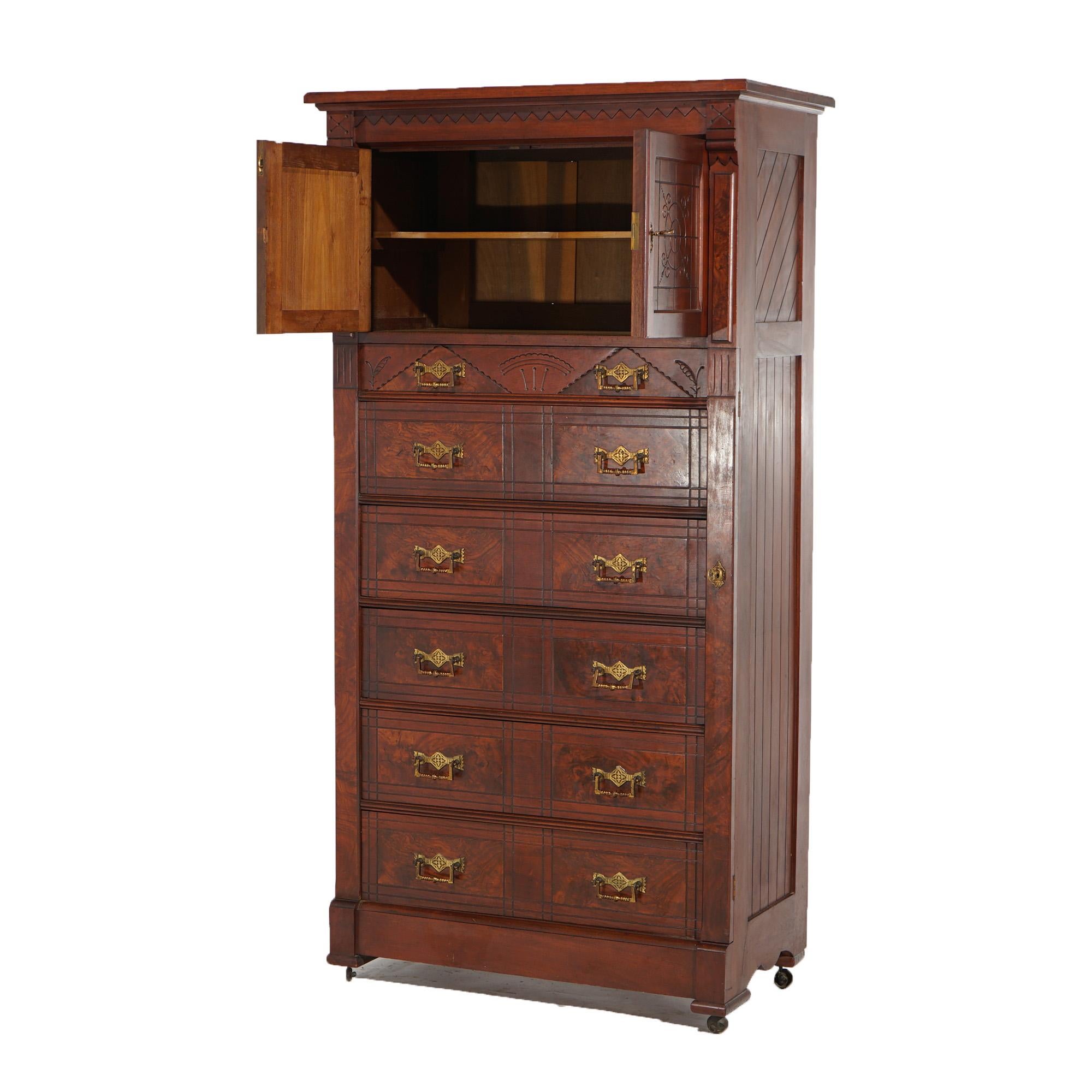 Antique Victorian Eastlake Walnut & Burl Tall Chest C1890 In Good Condition In Big Flats, NY