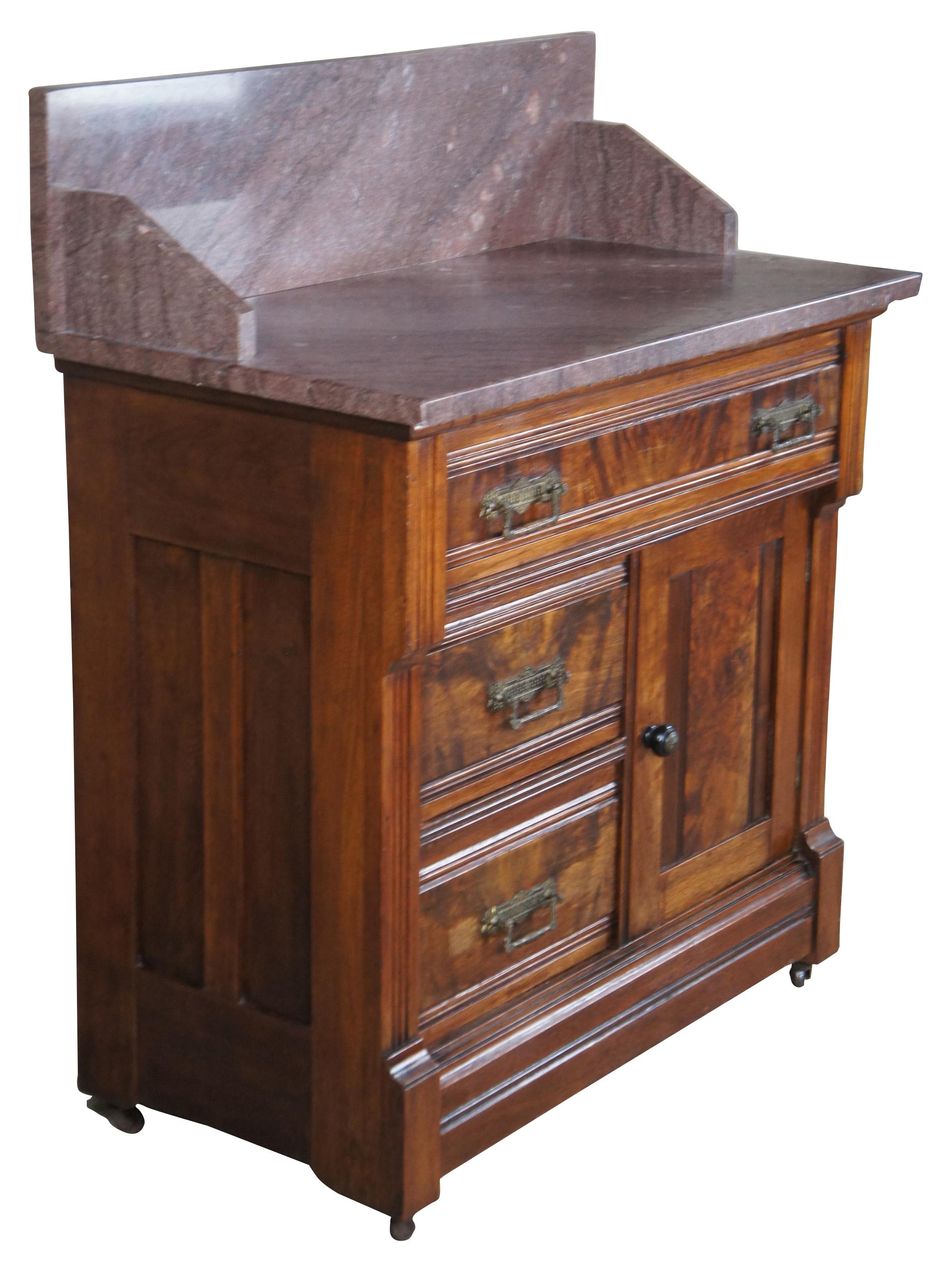 Antique Victorian Eastlake Walnut Burl Wash Stand Chest Commode Side Table In Good Condition In Dayton, OH