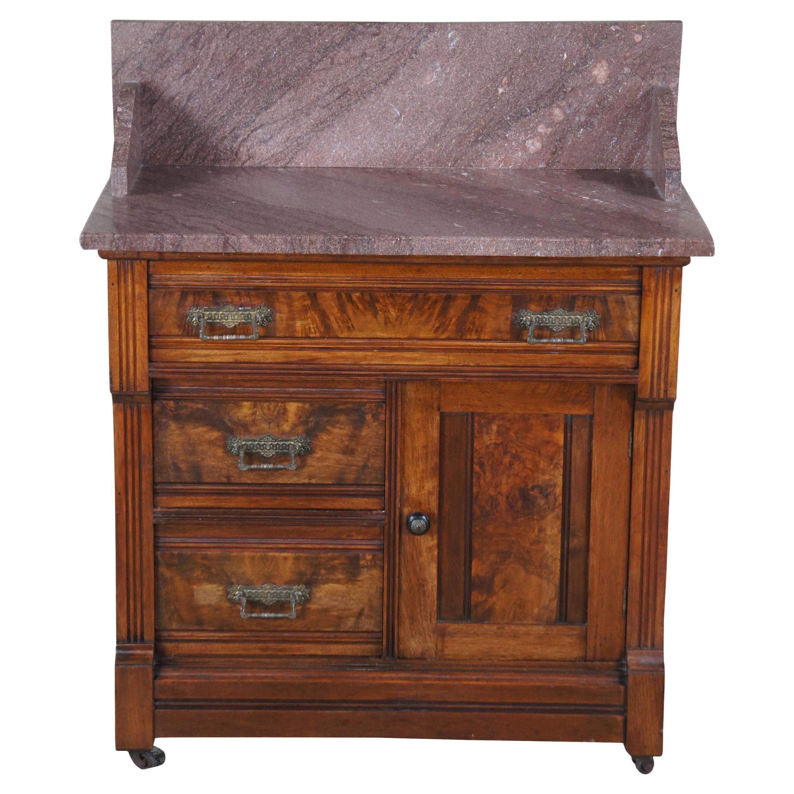 Antique Victorian Eastlake Walnut Burl Wash Stand Chest Commode Side Table