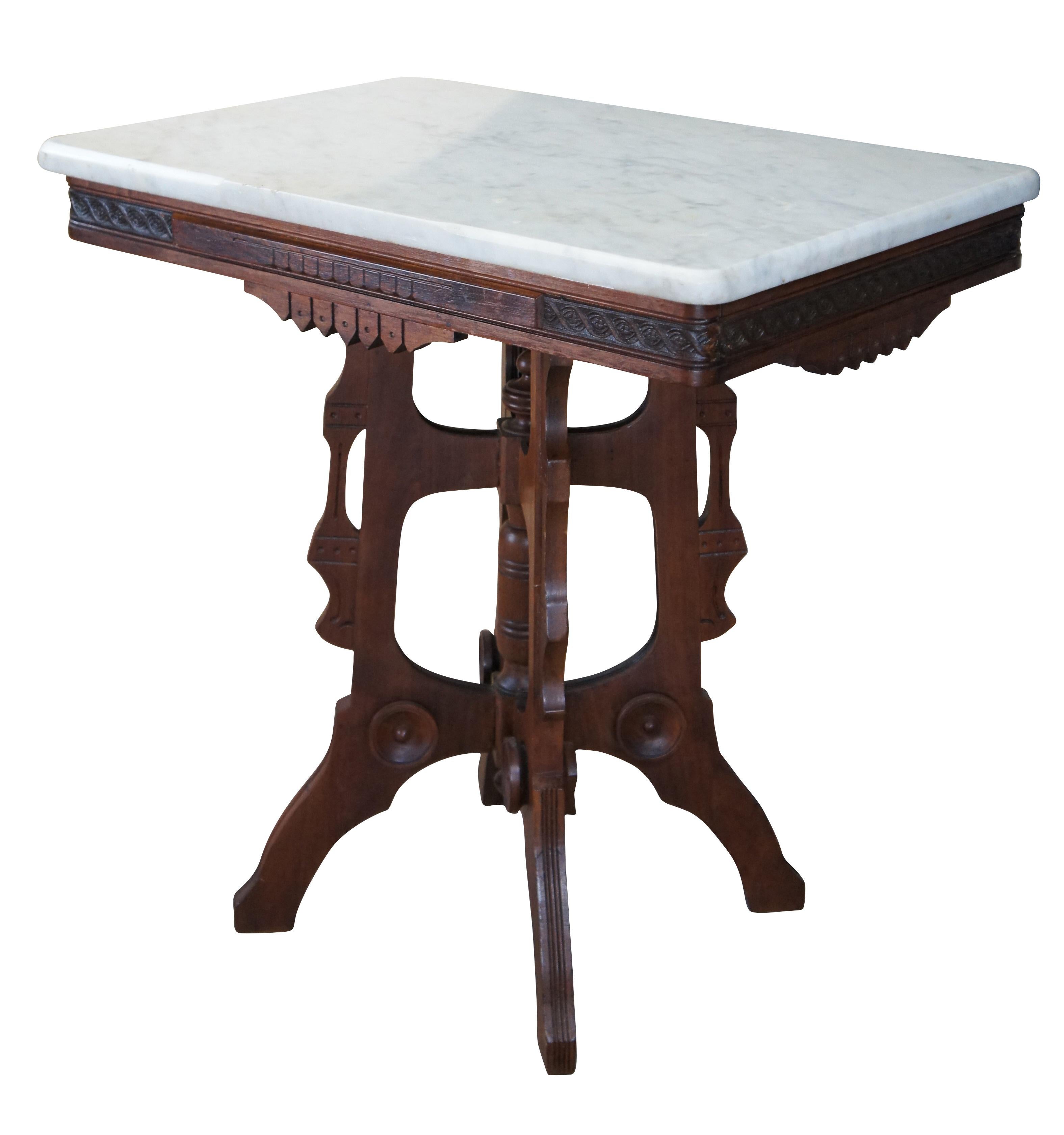 Victorien Antique Victorian Eastlake Walnut Carved Marble Top Parlor End Side Table 28