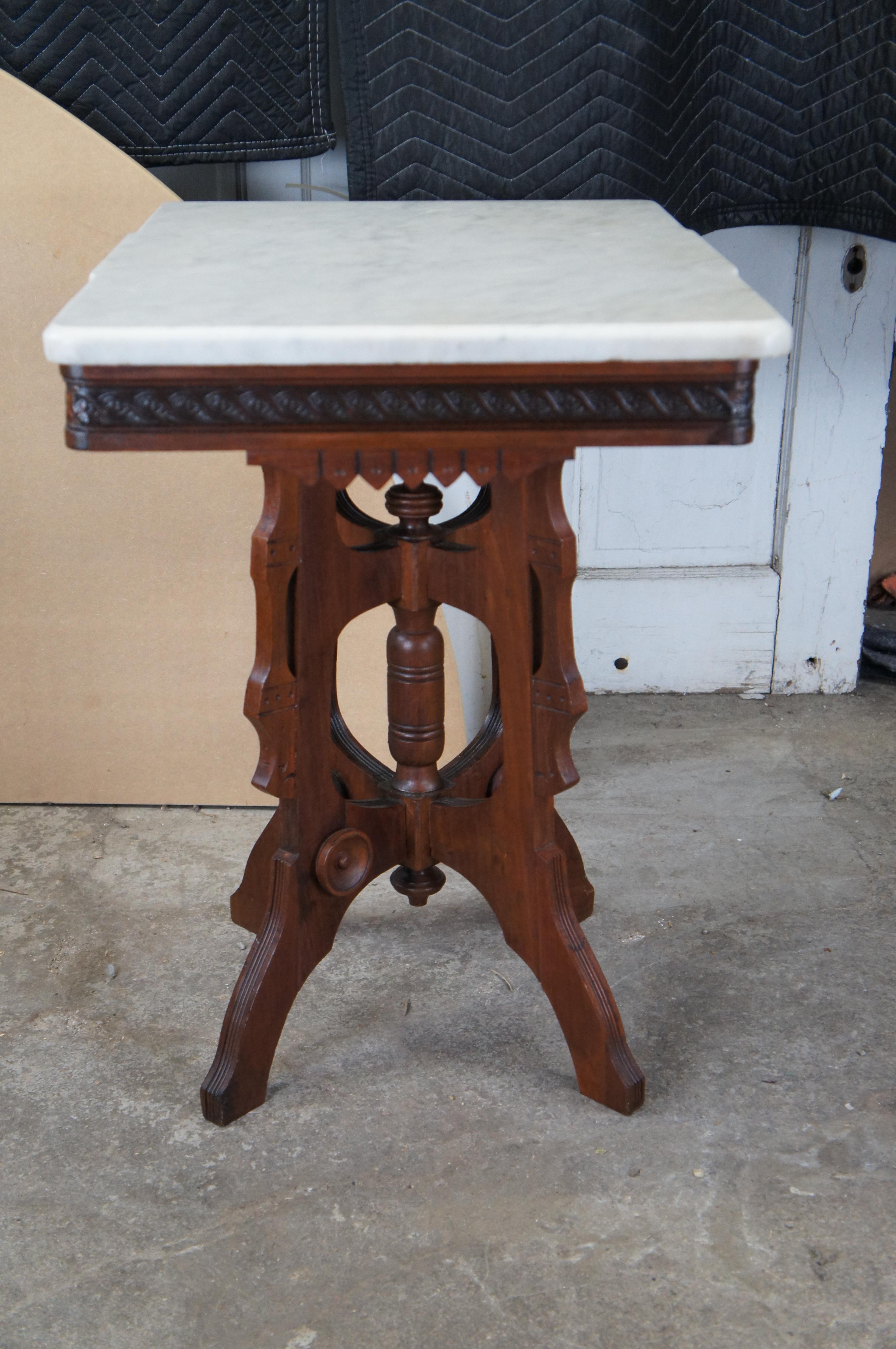 Antique Victorian Eastlake Walnut Carved Marble Top Parlor End Side Table 28