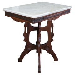 Antique Victorian Eastlake Walnut Carved Marble Top Parlor End Side Table 28"
