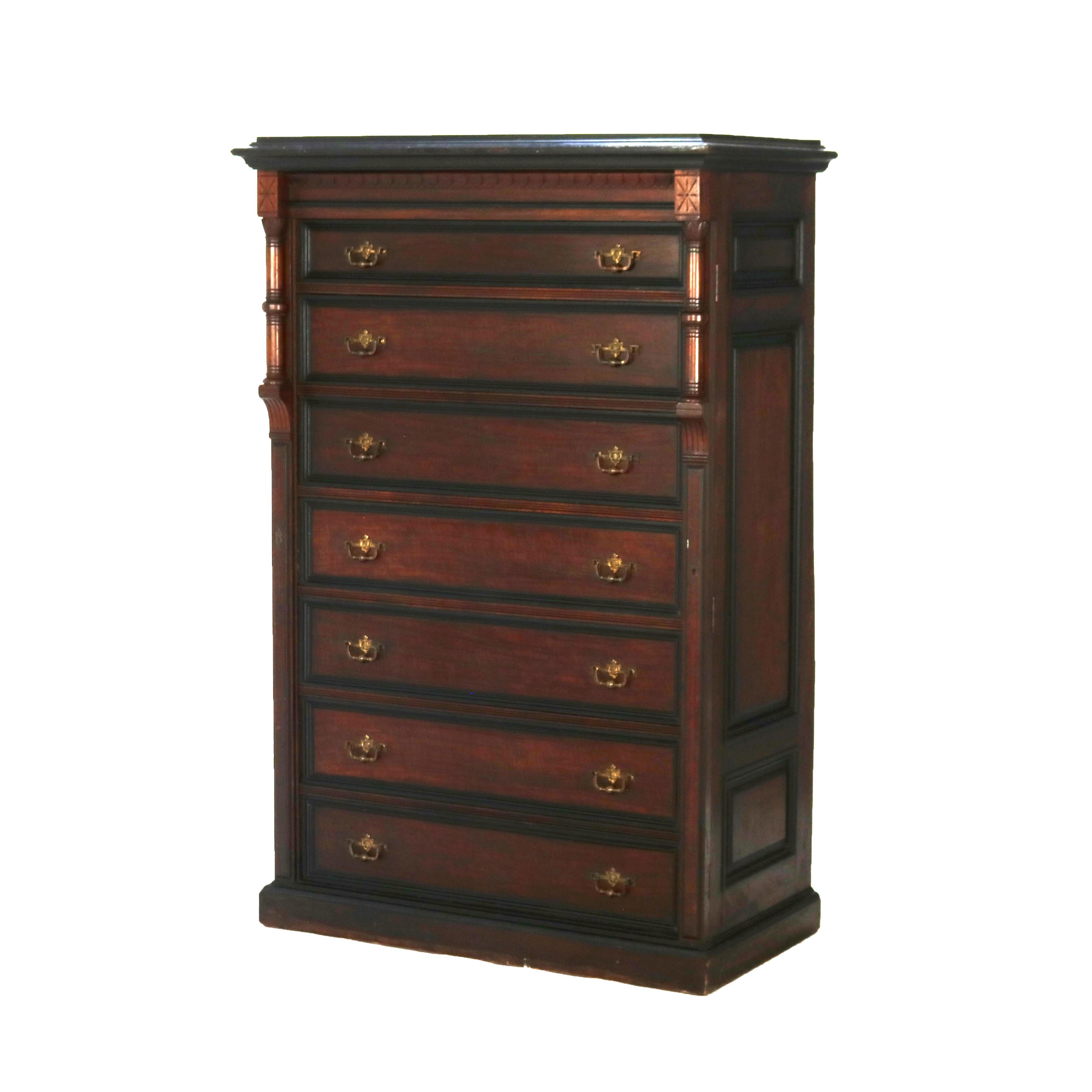 19th Century Antique Victorian Eastlake Walnut & Ebonized Seven Drawer Lock Side Chest C1890