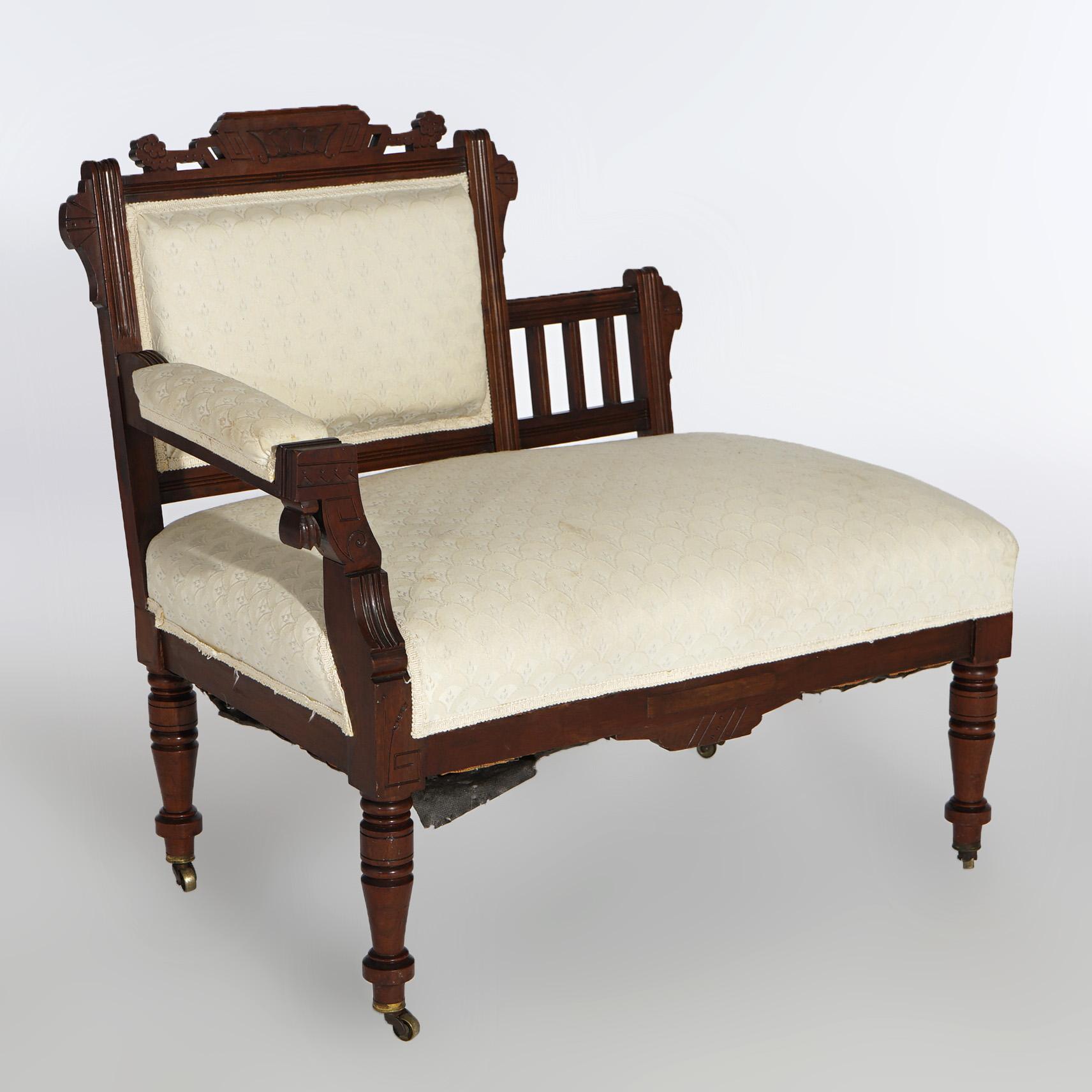 Upholstery Antique Victorian Eastlake Walnut Half Settee, circa 1890