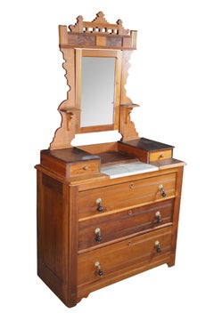Antique Victorian Eastlake Walnut Marble Top Dresser Glove Box Shaving Mirror