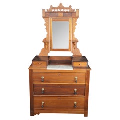 Antique Victorian Eastlake Walnut Marble Top Dresser Glove Box Shaving Mirror