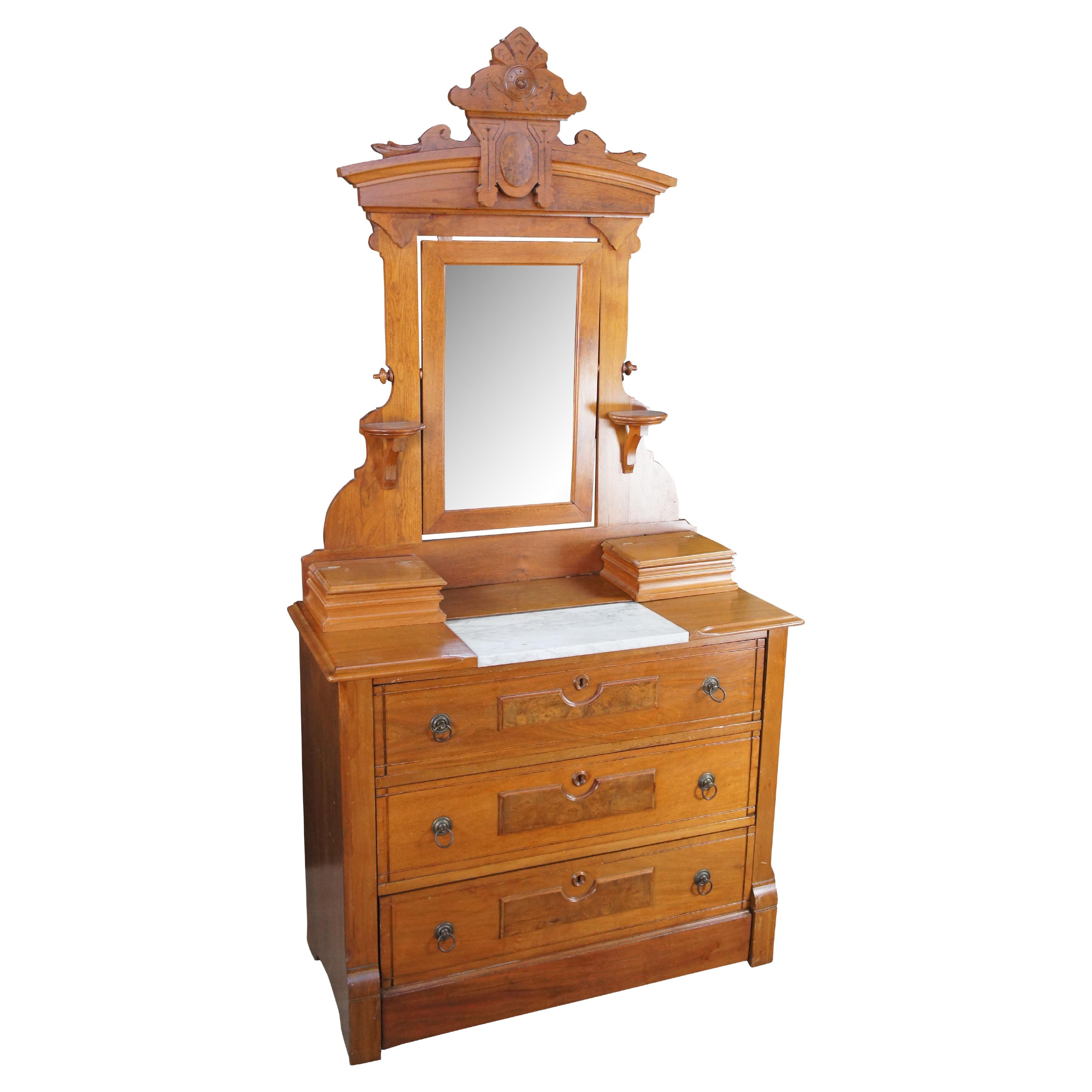 Antique Victorian Eastlake Walnut Marble Top Gentlemans Dresser Glove Box Mirror For Sale