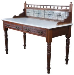 Antique Victorian Eastlake Walnut Marble Top Tiled Washstand Server Barback