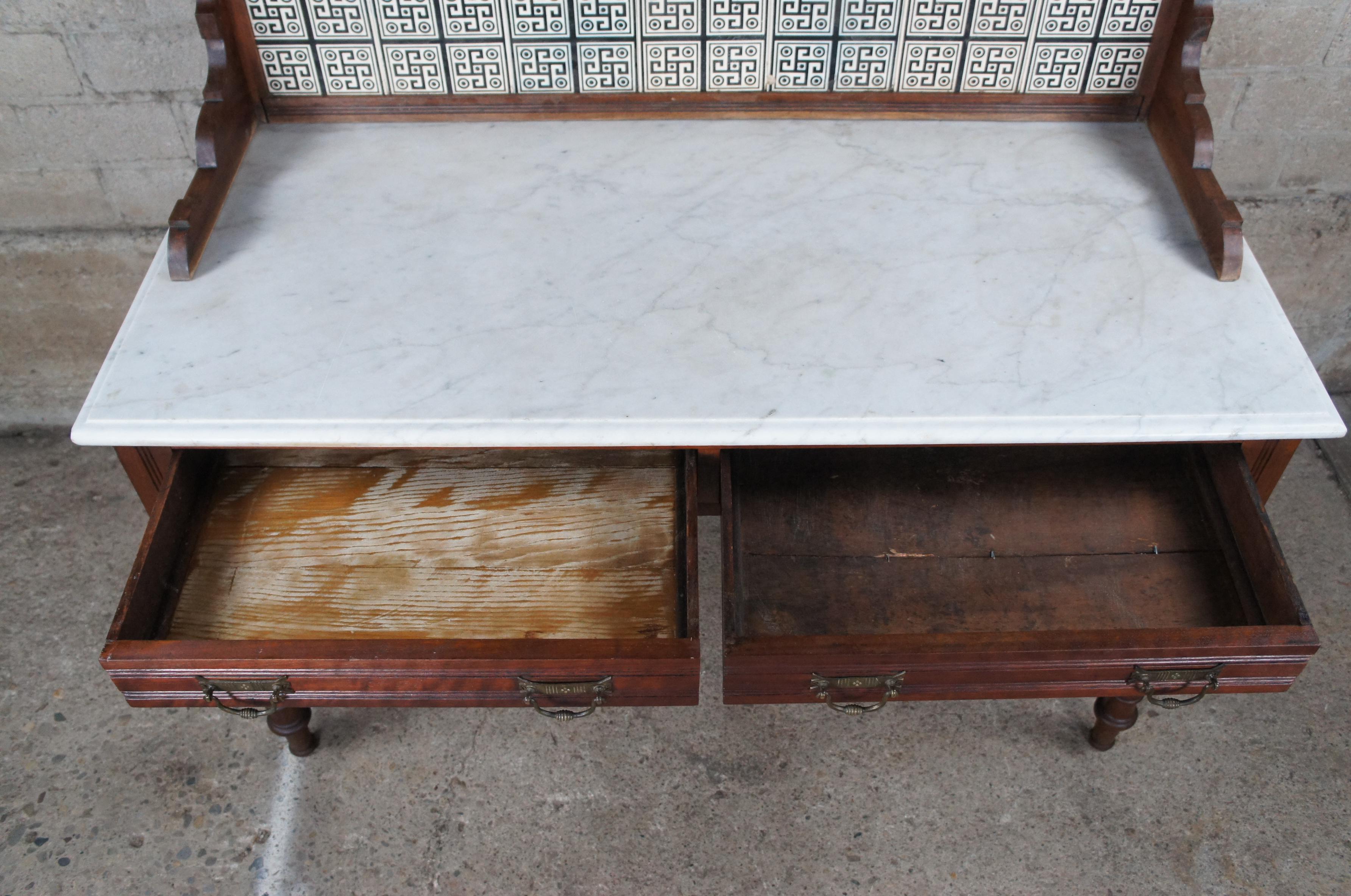 Antique Victorian Eastlake Walnut Marble Top Tiled Washstand Server Barback 4