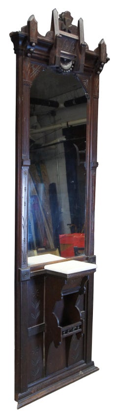Antique Victorian Eastlake Walnut Pier Hall Mirror with Marble Shelf