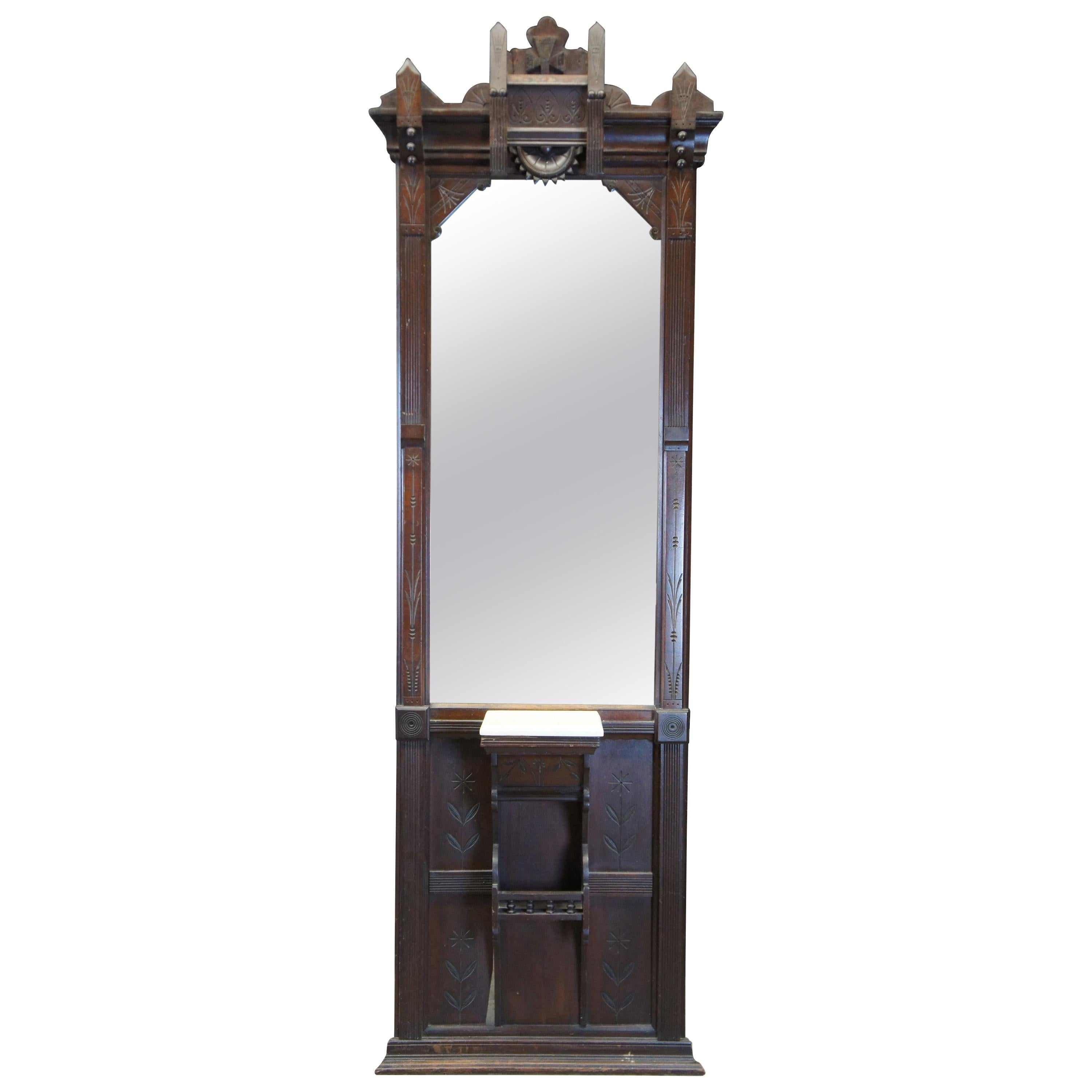 Antique Victorian Eastlake Walnut Pier Hall Mirror with Marble Shelf