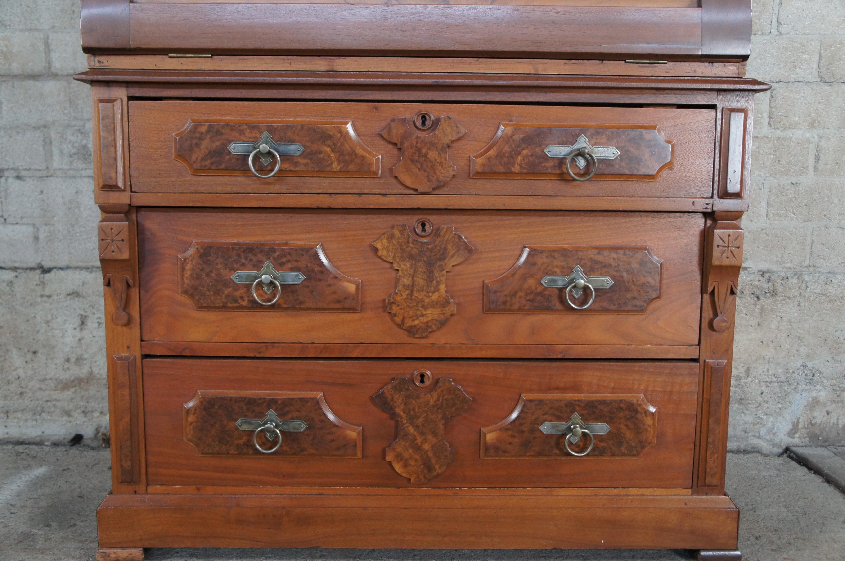 Late 19th Century Antique Victorian Eastlake Walnut Secretary Desk Bookcase Hutch Display Cabinet