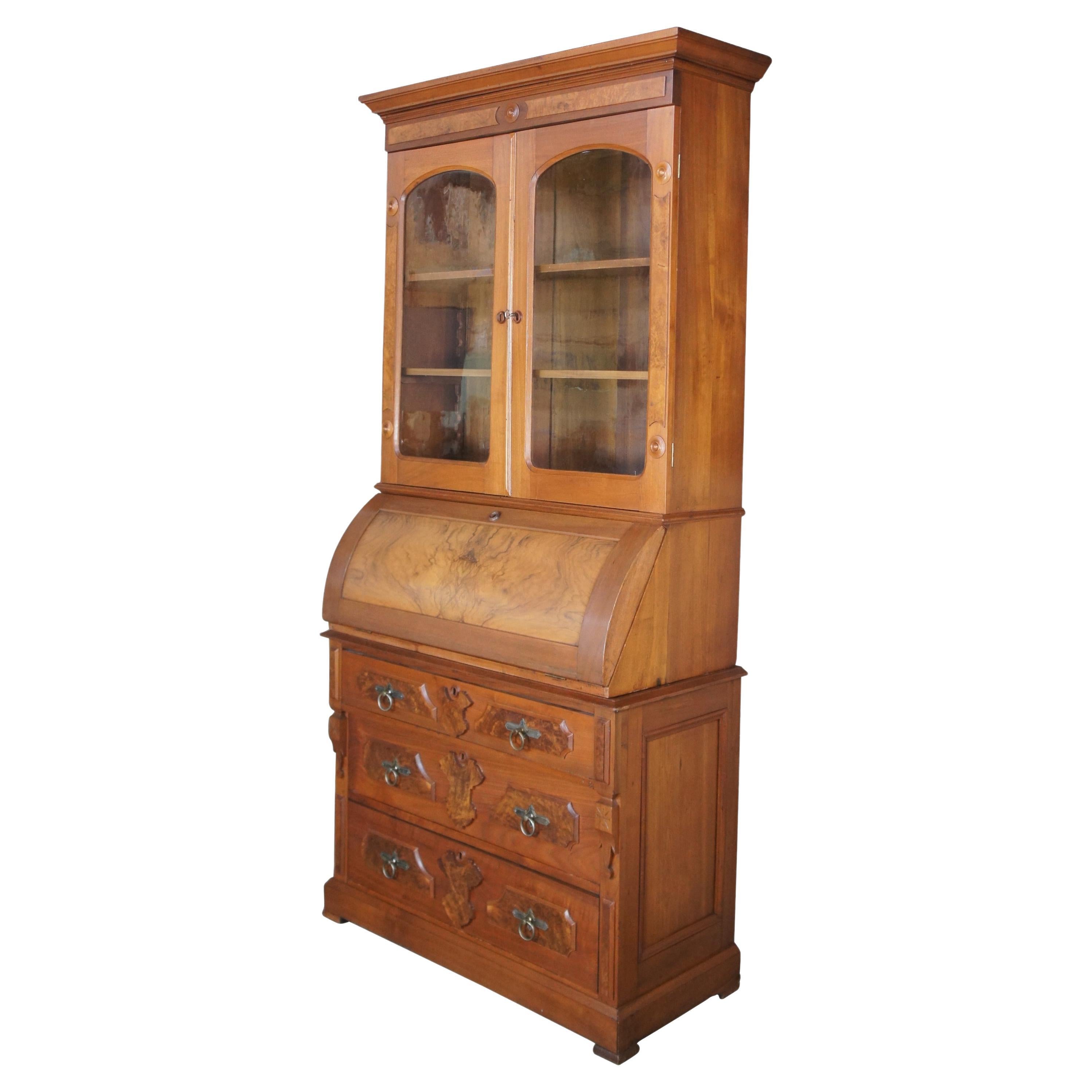 Antique Victorian Eastlake Walnut Secretary Desk Bookcase Hutch Display Cabinet
