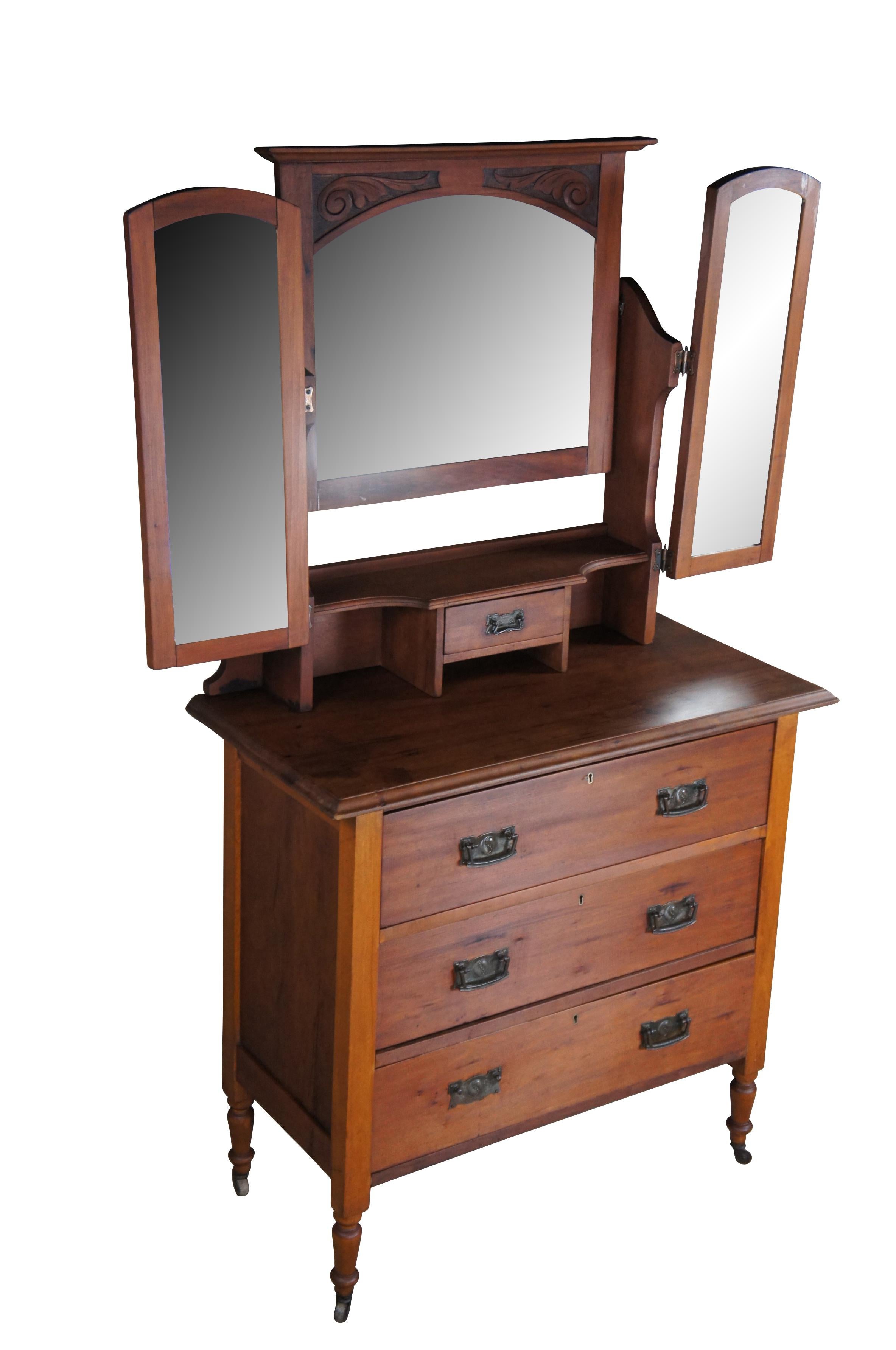 Antique Victorian Eastlake Walnut Tri Mirrored Vanity Dresser Shaving Stand 65