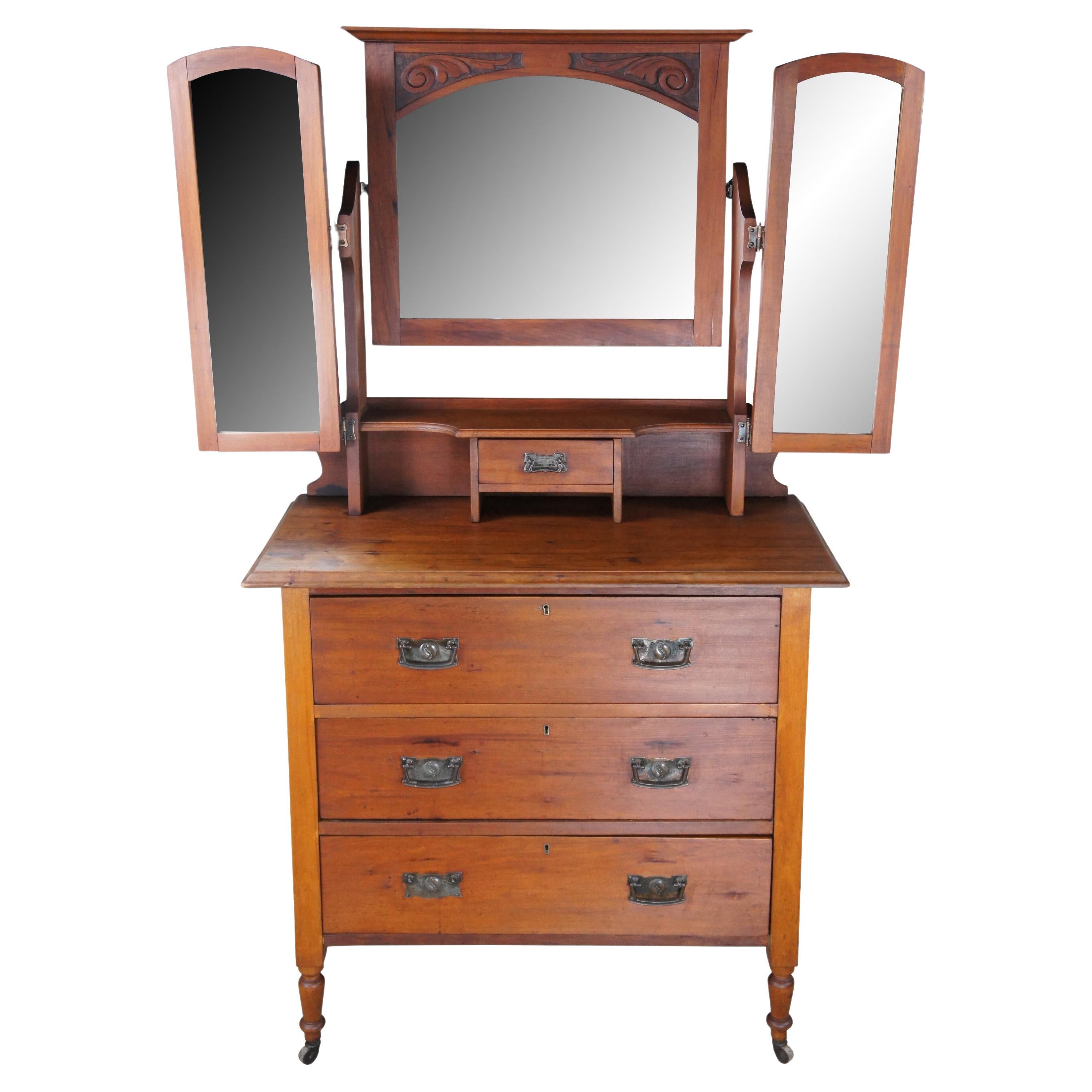 Antique Victorian Eastlake Walnut Tri Mirrored Vanity Dresser Shaving Stand 65"