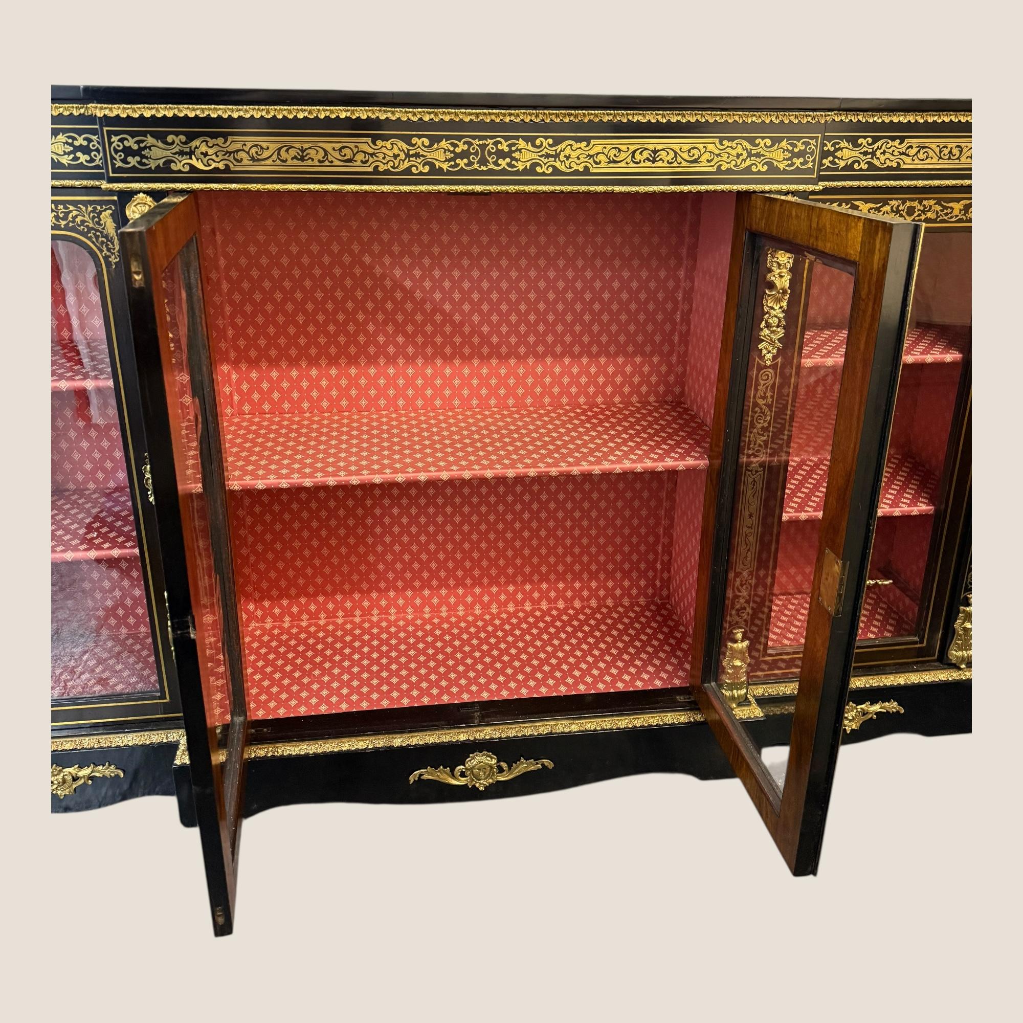 Antique Victorian Ebonised & Brass Inlaid Boulle Breakfront Credenza Sideboard For Sale 4